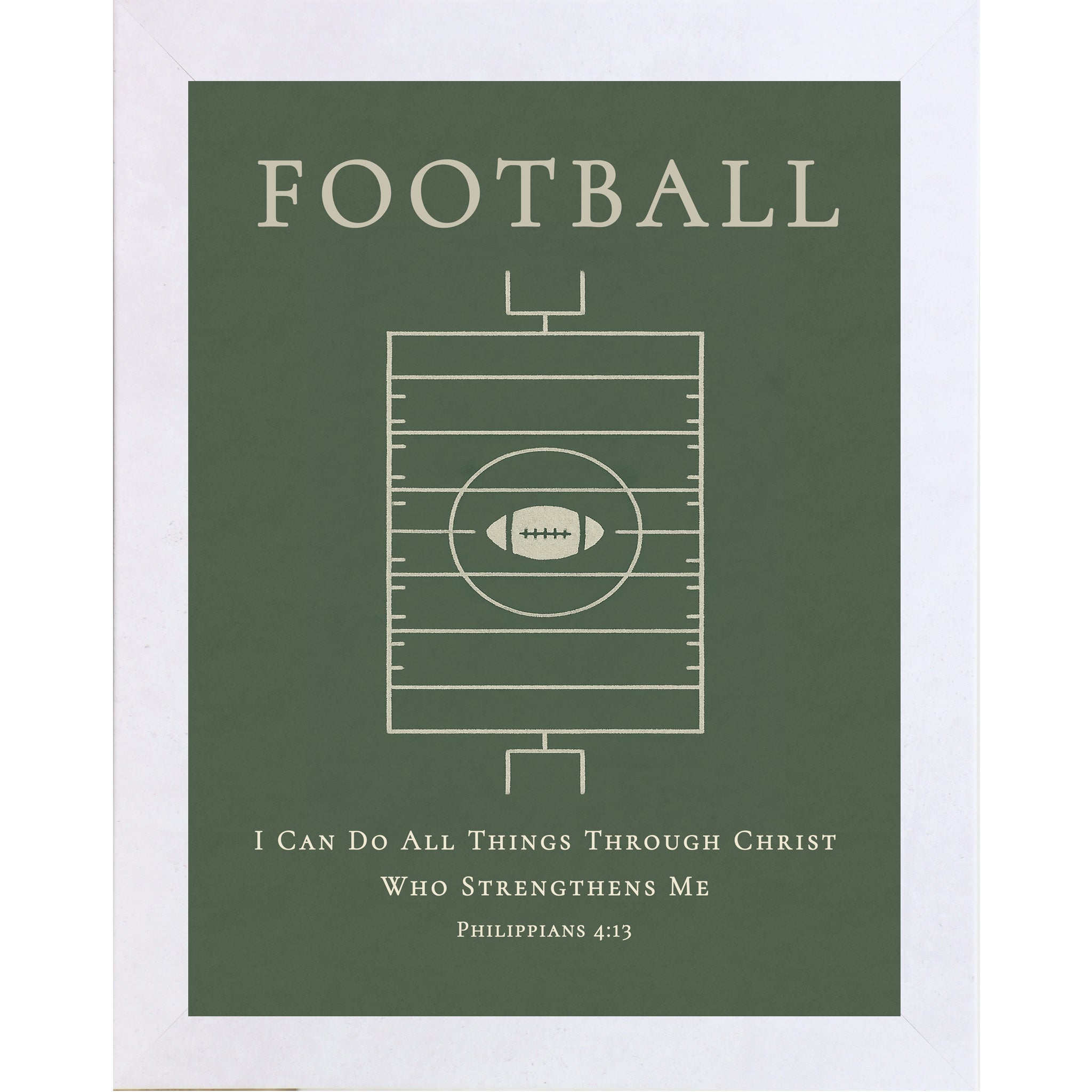 Terracotta white colored frame of a Christian football wall art featuring a minimalist football field design and Philippians 4:13 scripture on a green background