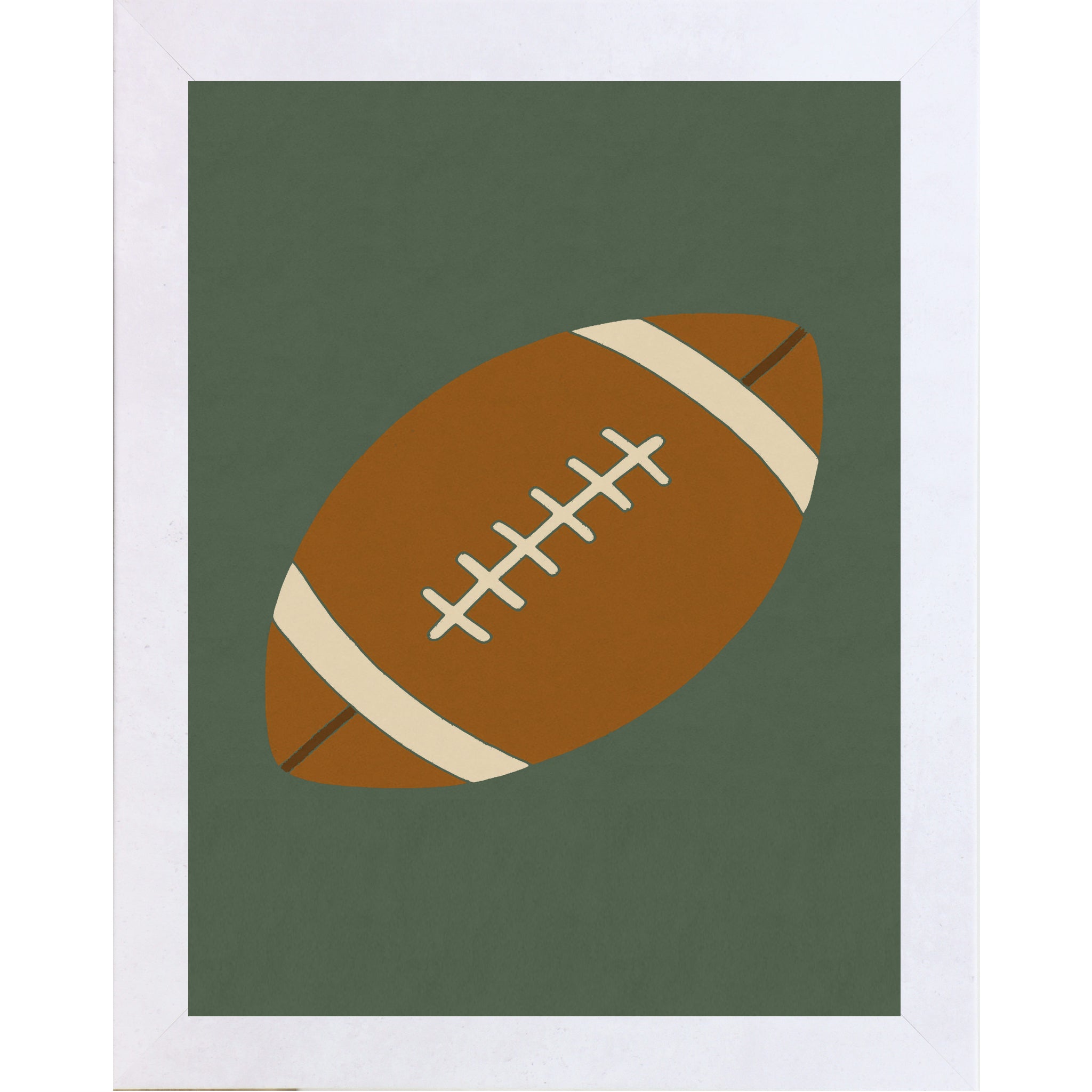 Terracotta White color framed Minimalist football wall art featuring a classic football illustration on a green background in a framed design for boys room sports decor