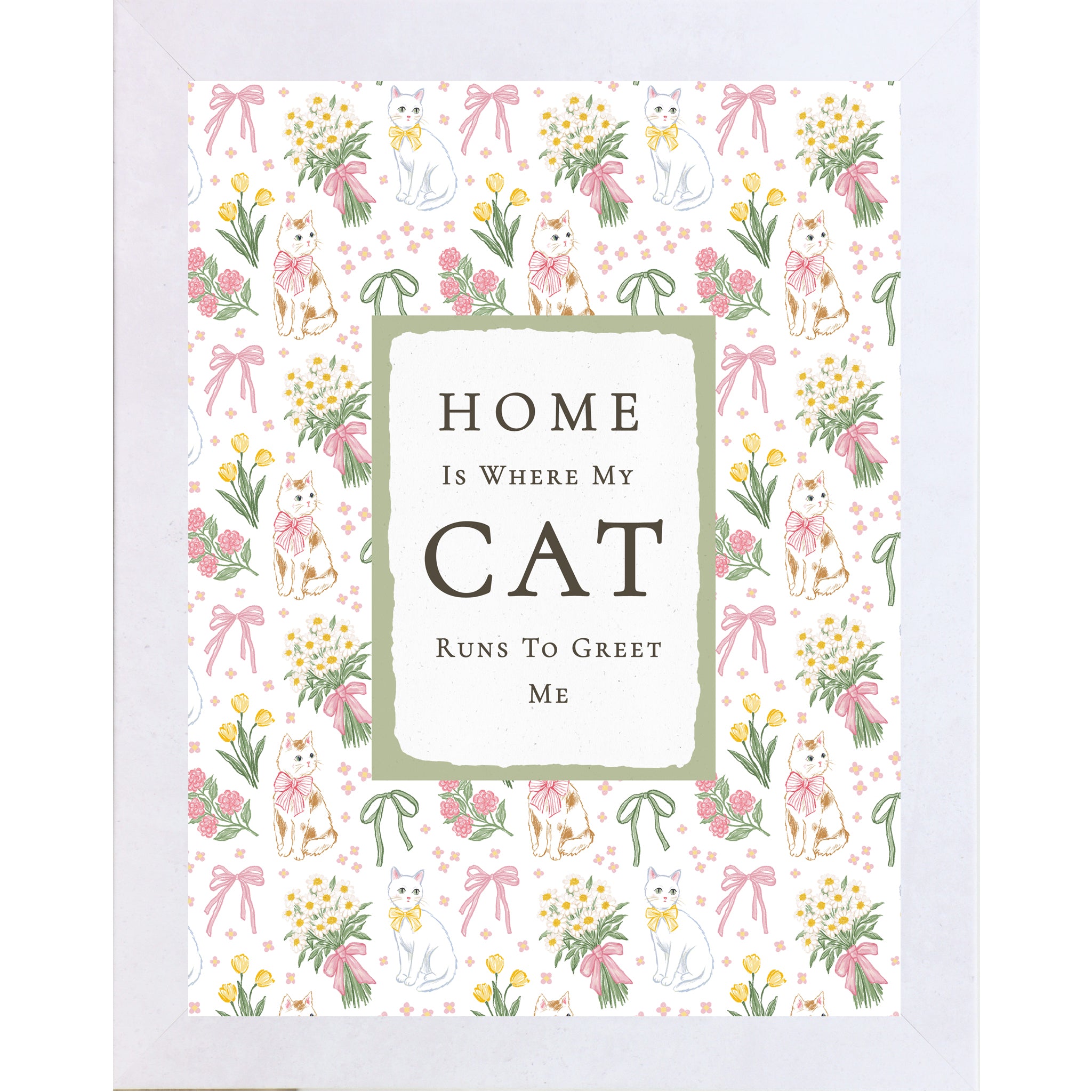 Terracotta White Vertical cat lover wall art with pink floral bows and white and calico cats surrounding the phrase Home Is Where My Cat Runs To Greet Me on neutral background.