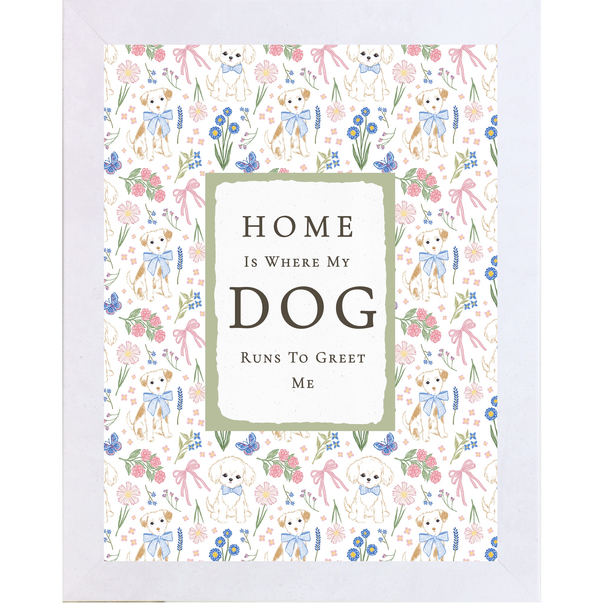 Terracotta White Vertical dog lover wall art with white and brown puppies, blue flowers, butterflies, and pink bows surrounding the phrase Home Is Where My Dog Runs To Greet Me.