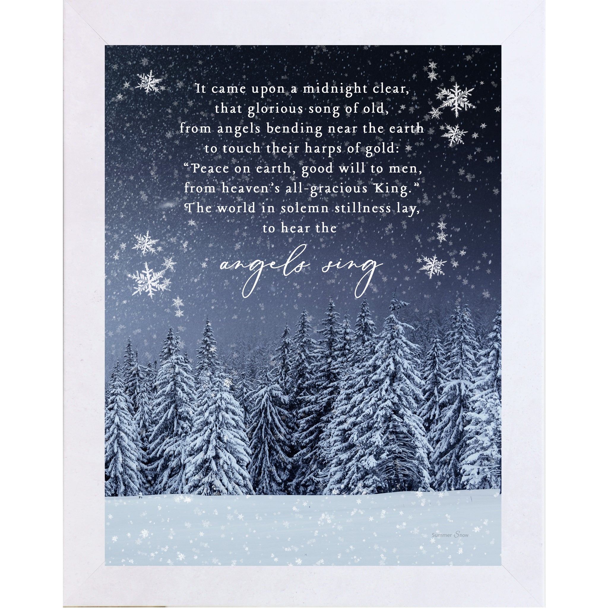 Christmas wall art featuring snowy evergreen trees under a midnight blue sky with the full carol It Came Upon a Midnight Clear displayed in elegant white lettering.
