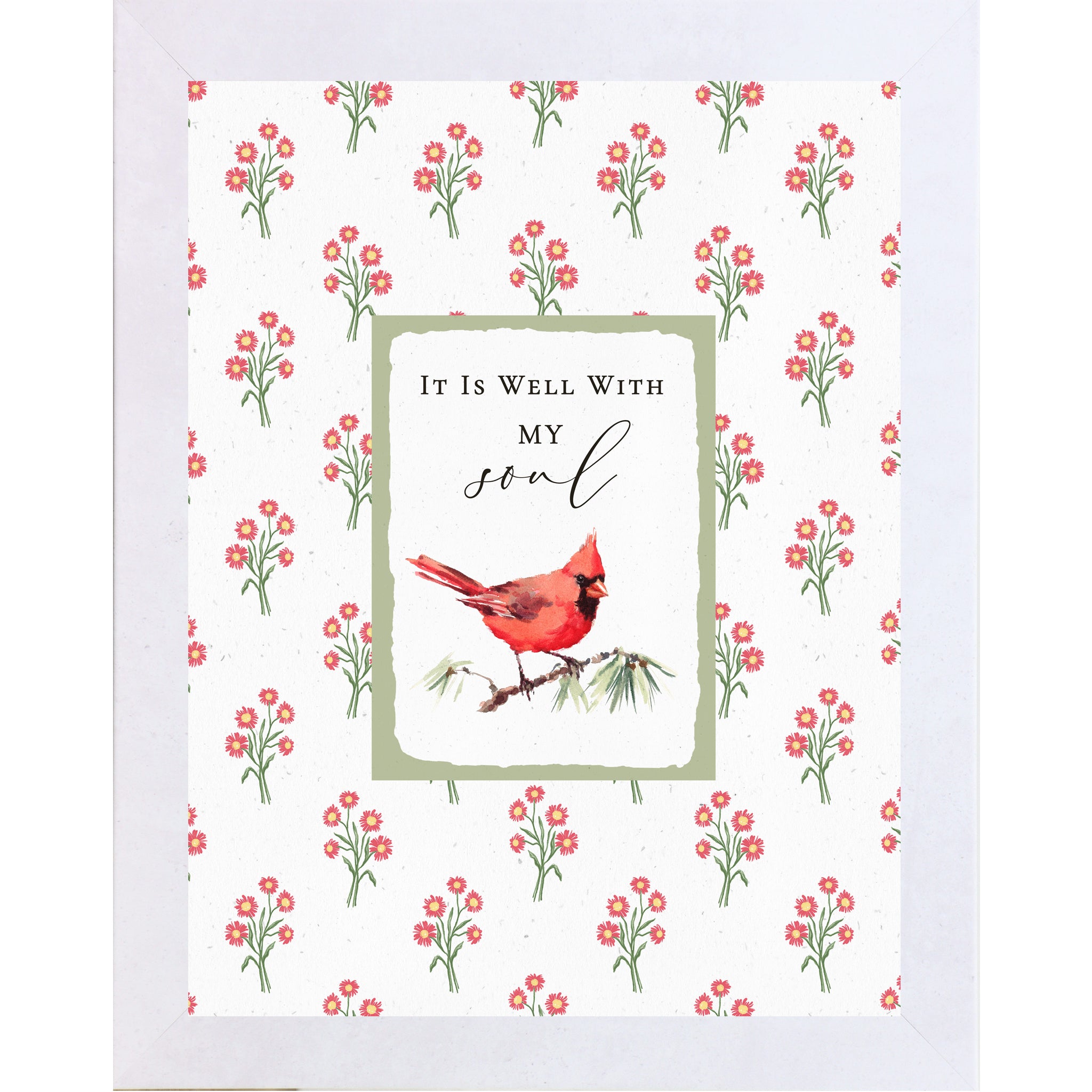 Christian floral wall art featuring a red cardinal perched on a branch with the phrase “It Is Well With My Soul” in a sage green framed center panel and red floral background.