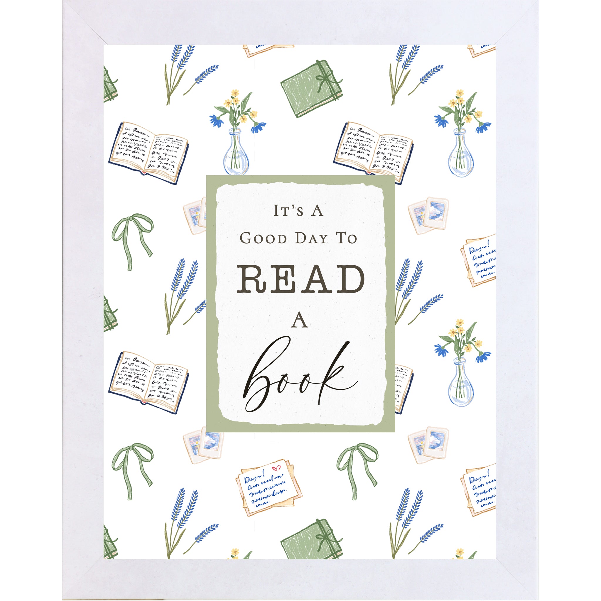 Reading nook wall art featuring the phrase “It’s A Good Day To Read A Book” with floral, book, and bow illustrations on a neutral background in a vertical framed design.