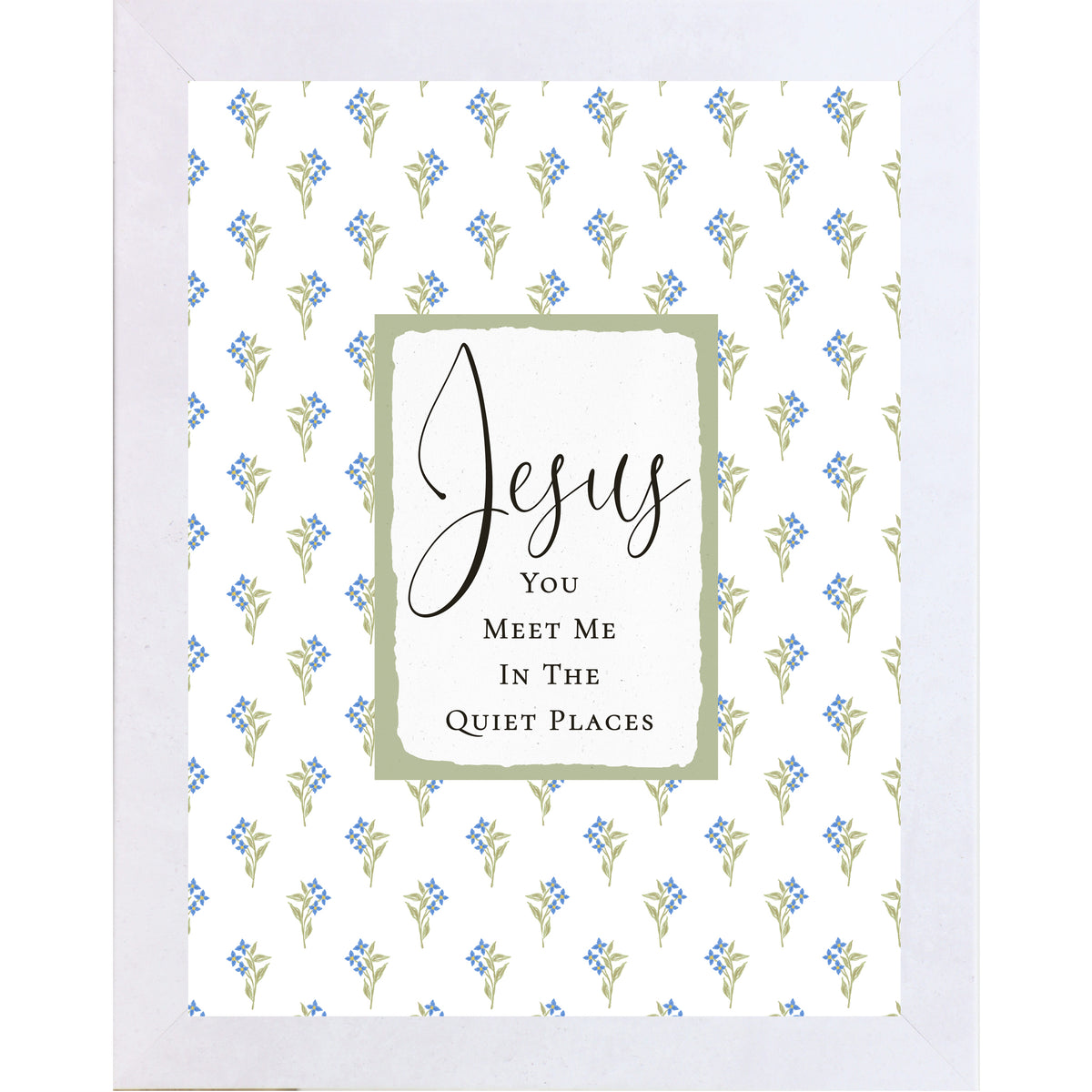 Christian floral wall art featuring blue flowers and green stems with a sage center panel reading “Jesus You Meet Me In The Quiet Places” in a vertical framed design.