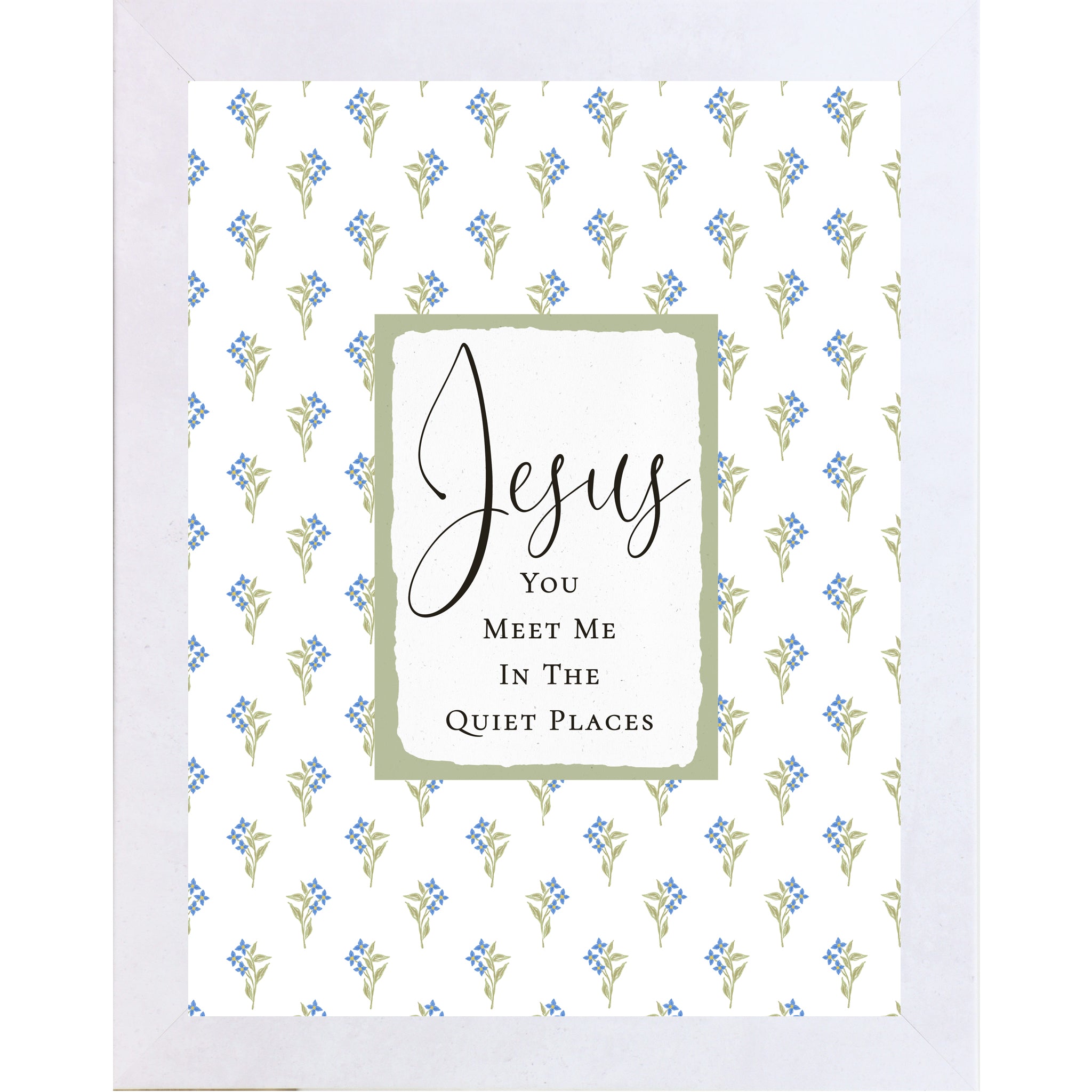 Christian floral wall art featuring blue flowers and green stems with a sage center panel reading “Jesus You Meet Me In The Quiet Places” in a vertical framed design.