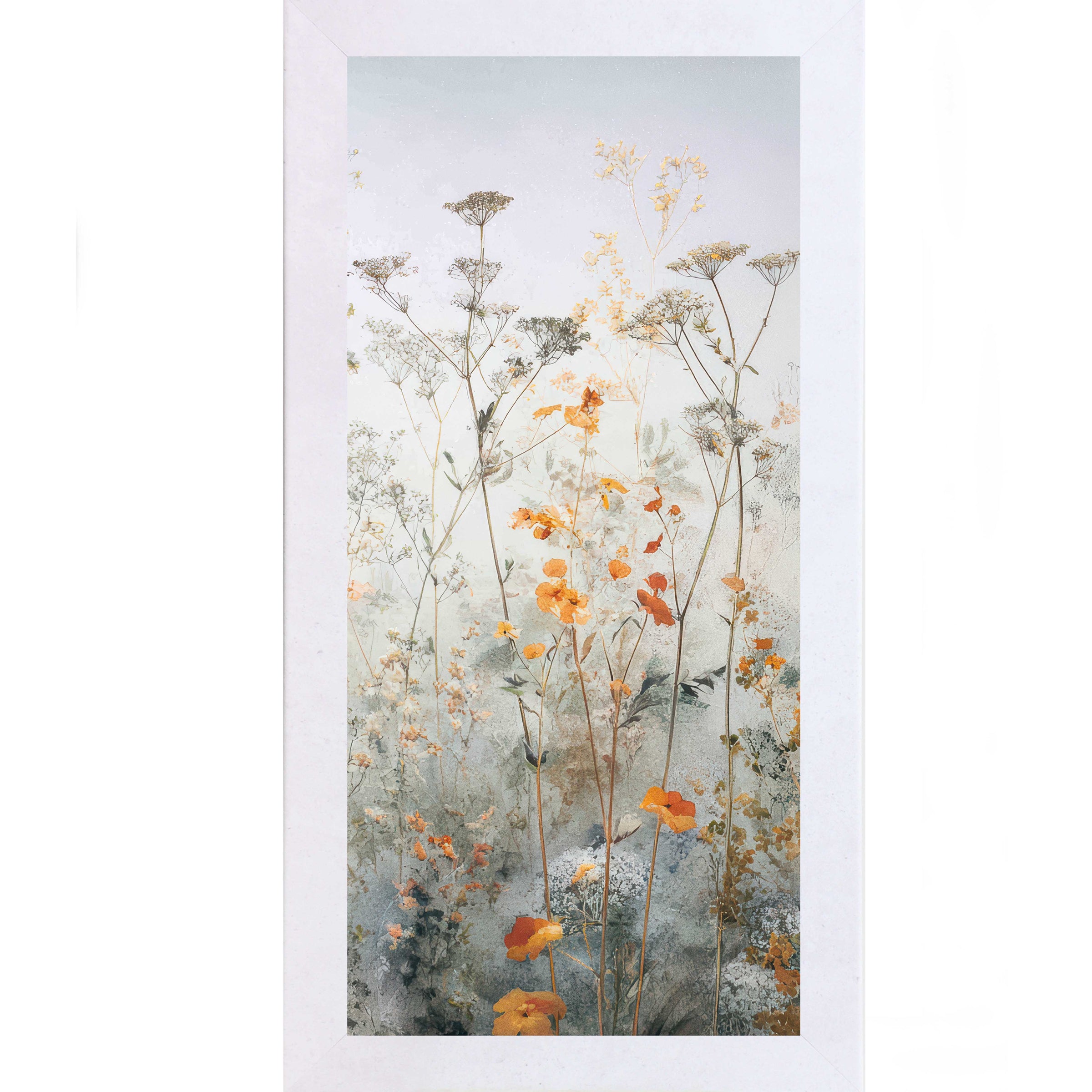 Terracotta color frame of a Tall vertical spring wildflower wall art featuring delicate meadow flowers on a light blue background