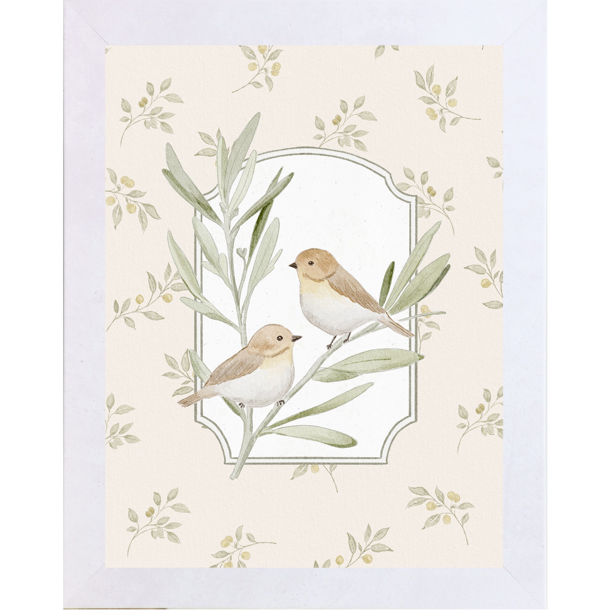 Terracotta White Vertical vintage bird wall art featuring two tan sparrows on leafy branches inside ornate frame panel with soft neutral floral background.