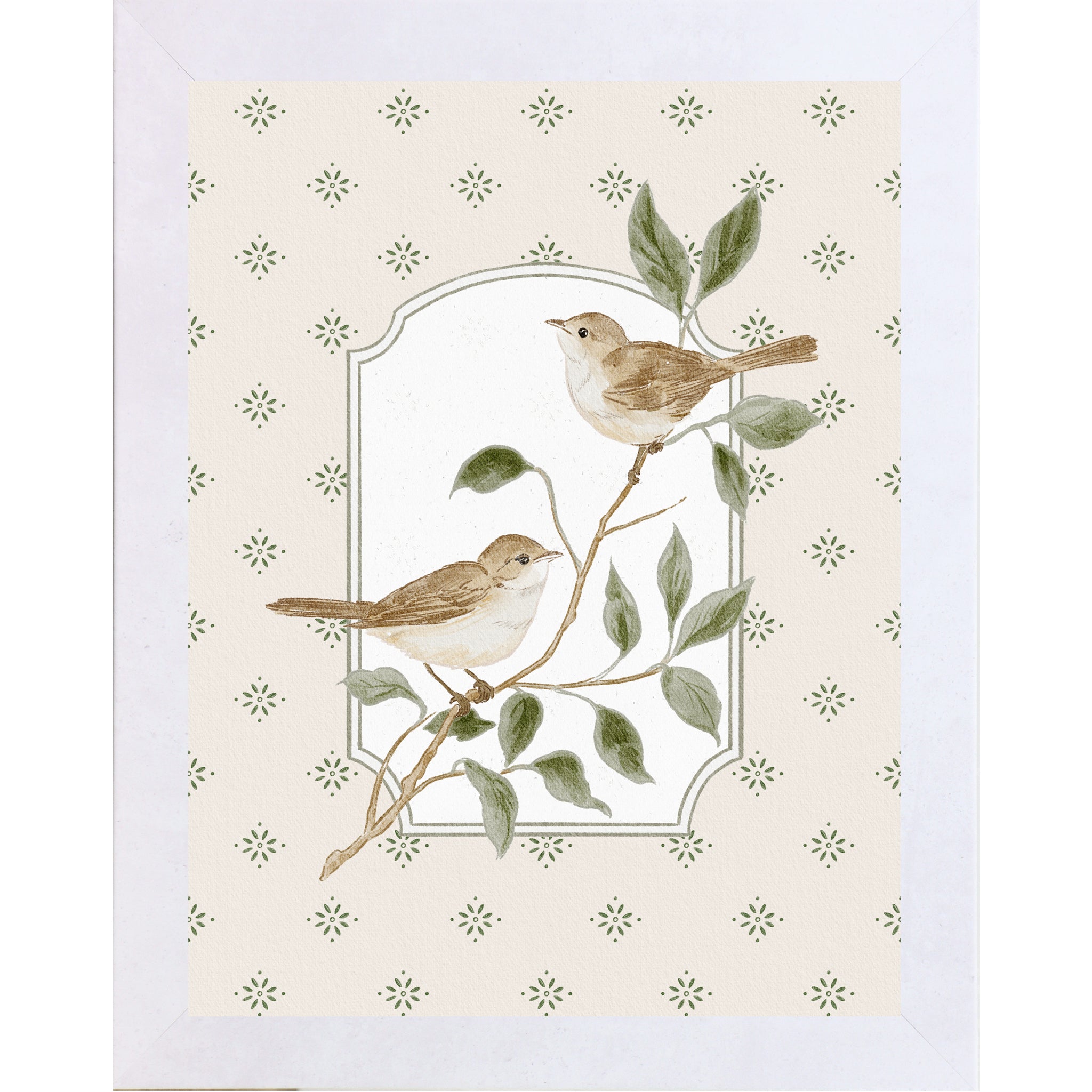 Terracotta White Frame Color Vertical botanical bird wall art featuring two tan sparrows on branch with soft neutral star pattern background inside decorative frame panel.
