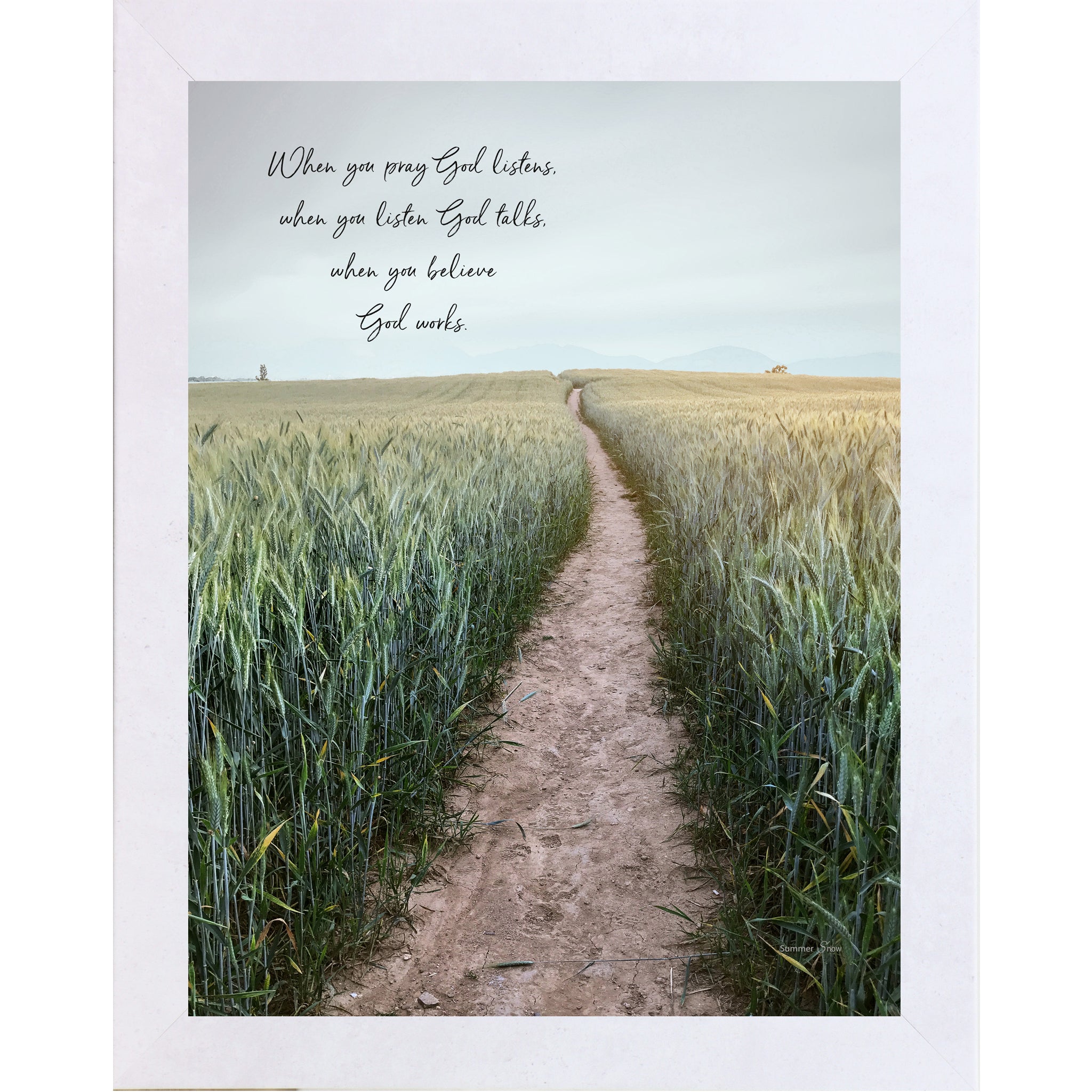 Terracotta White framed portrait Christian faith wall art with realistic wheat field path at horizon and the quote "When You Pray God Listens When You Listen God Talks When You Believe God Works"