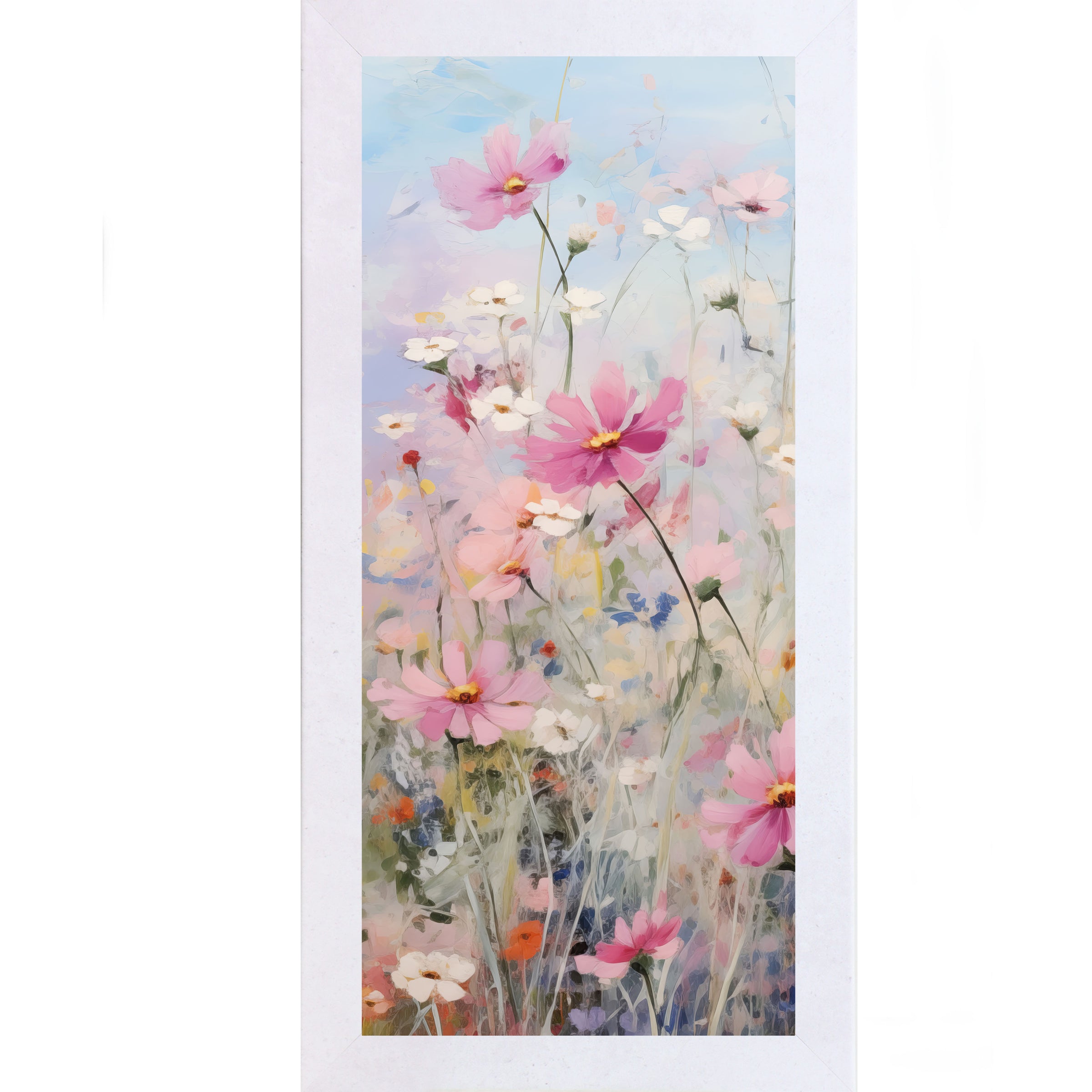 Terracotta White framed tall portrait floral wall art featuring impressionist cosmos wildflowers in deep magenta pink white yellow and orange against a soft blue sky — Cosmos Meadow Left Panel SB728