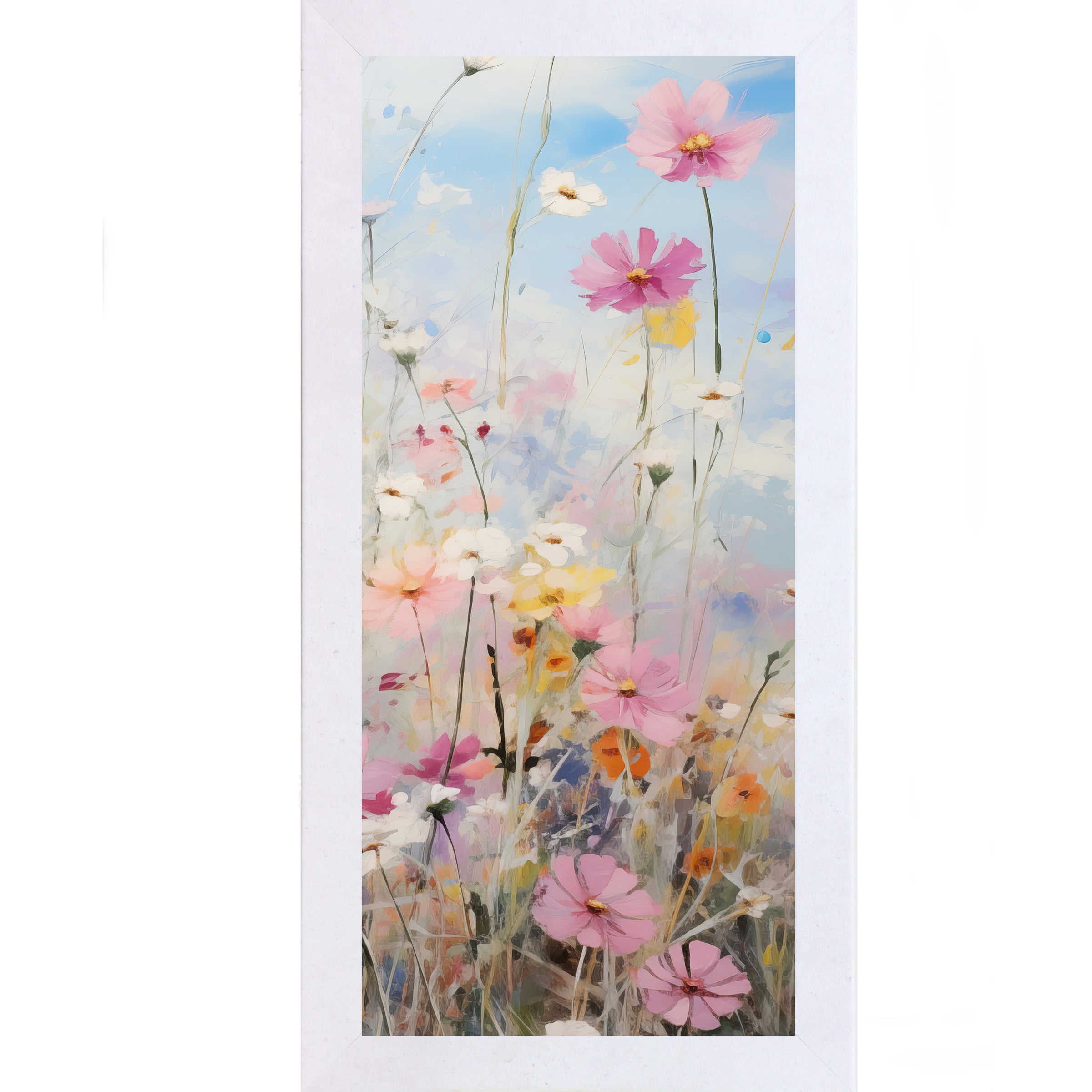 Terracotta White framed tall portrait floral wall art featuring impressionist cosmos wildflowers in soft pink magenta white and yellow with blue lavender sky accents — Cosmos Meadow Right Panel SB729