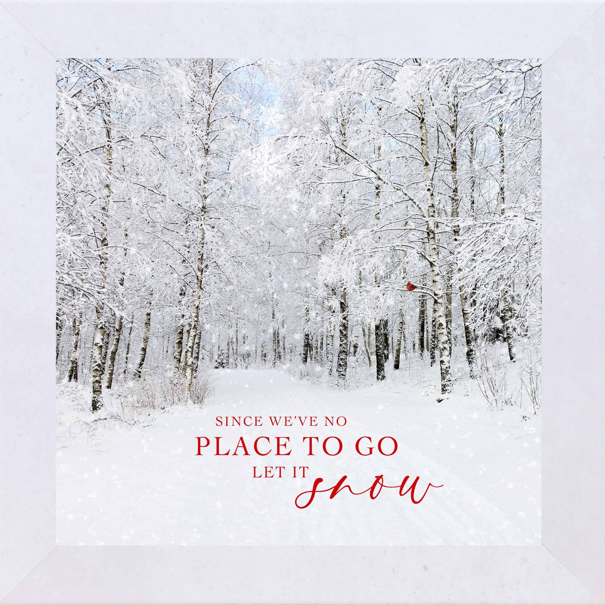 Winter snowy forest wall art with red cardinal in birch trees and red Let It Snow lyrics, square framed Christmas winter decor by Summer Snow