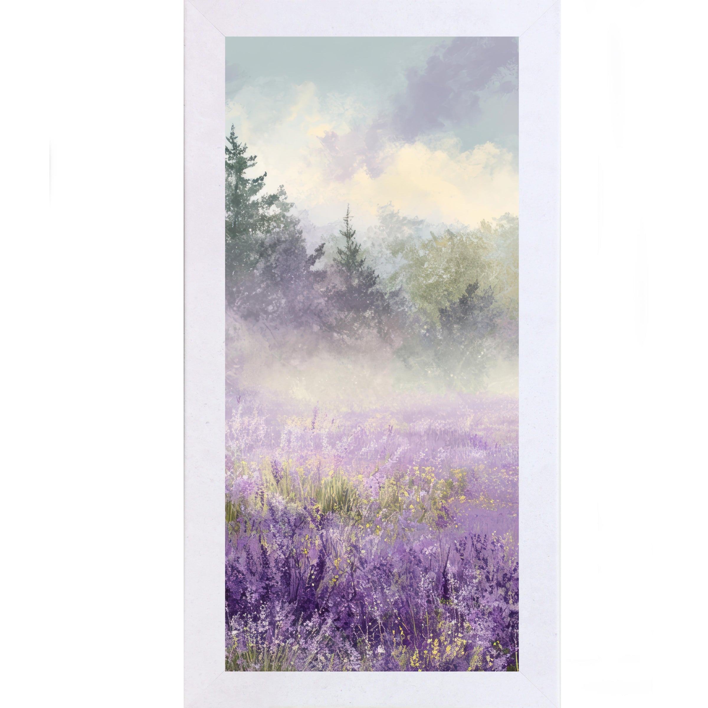 Terracotta White framed tall portrait floral wall art featuring a misty lavender wildflower field with two dark evergreen trees upper left and golden light breaking through a dramatic violet sky — Lavender Field Left Panel SB746