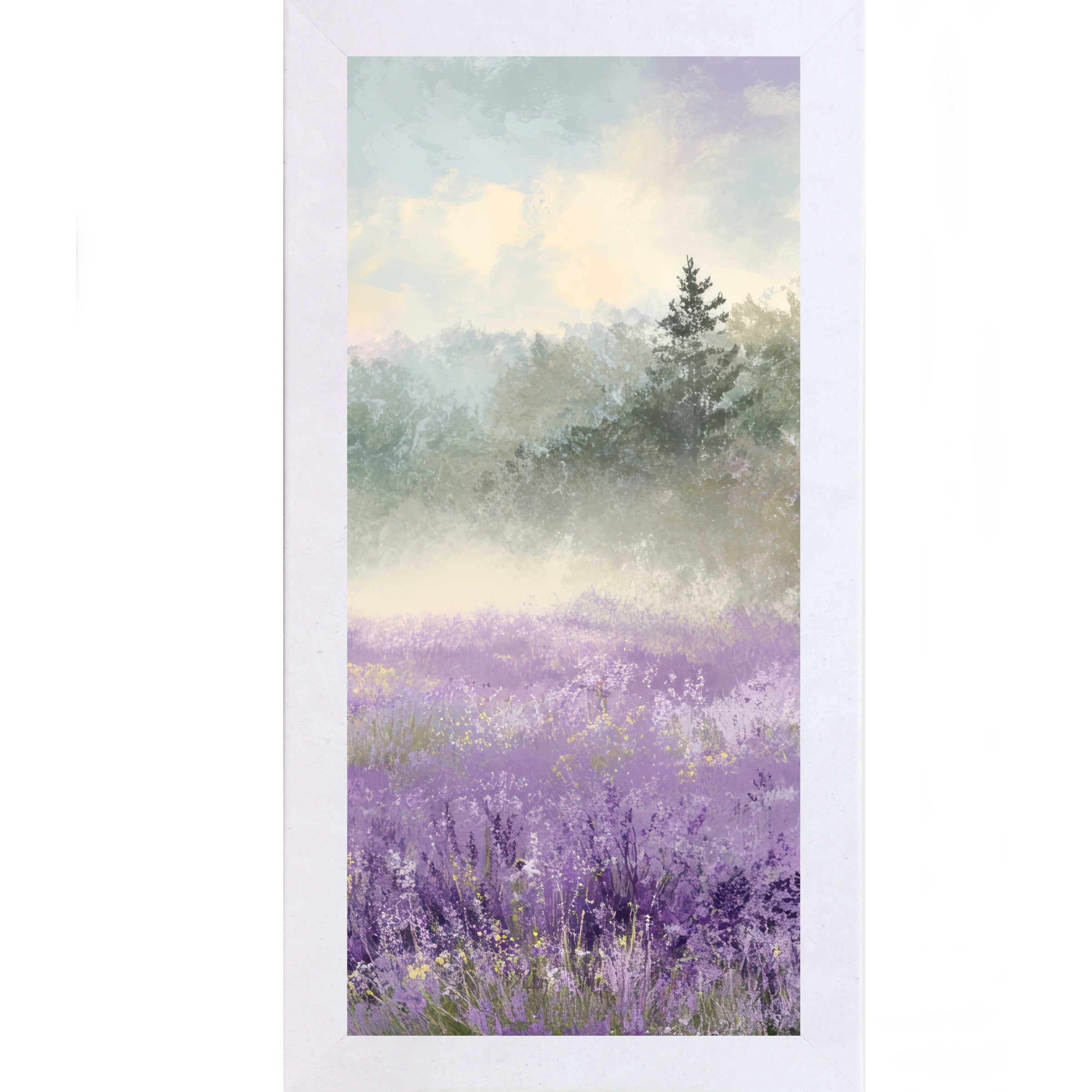 Terracotta White framed tall portrait floral wall art featuring a misty lavender wildflower field with a single dark evergreen tree upper right and warm golden light breaking through a soft blue sky — Lavender Field Right Panel SB747