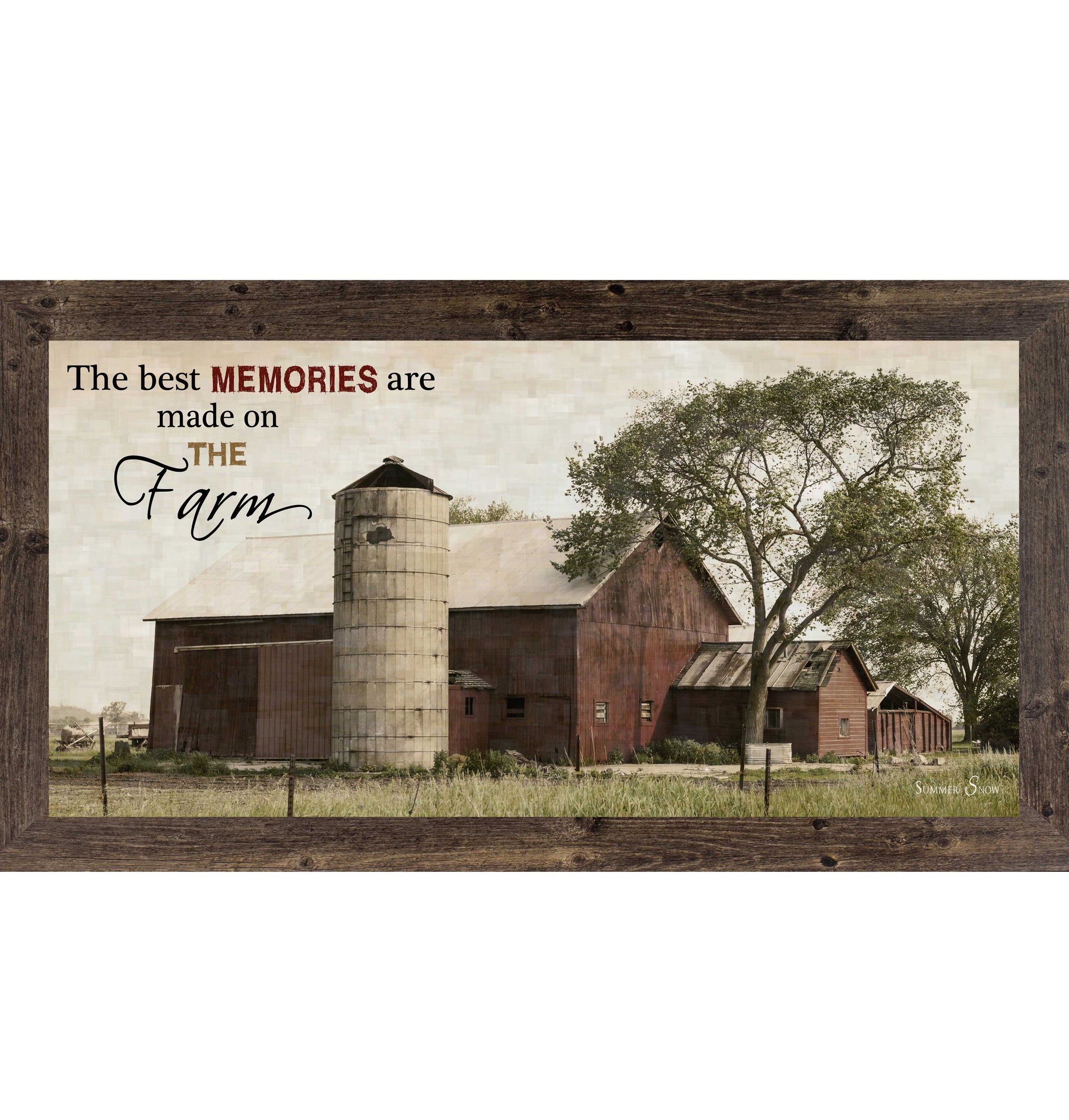 Framed farm wall art featuring a red barn with attached grain silo, greenery surrounding the farm, and the words The Best Memories Are Made on the Farm