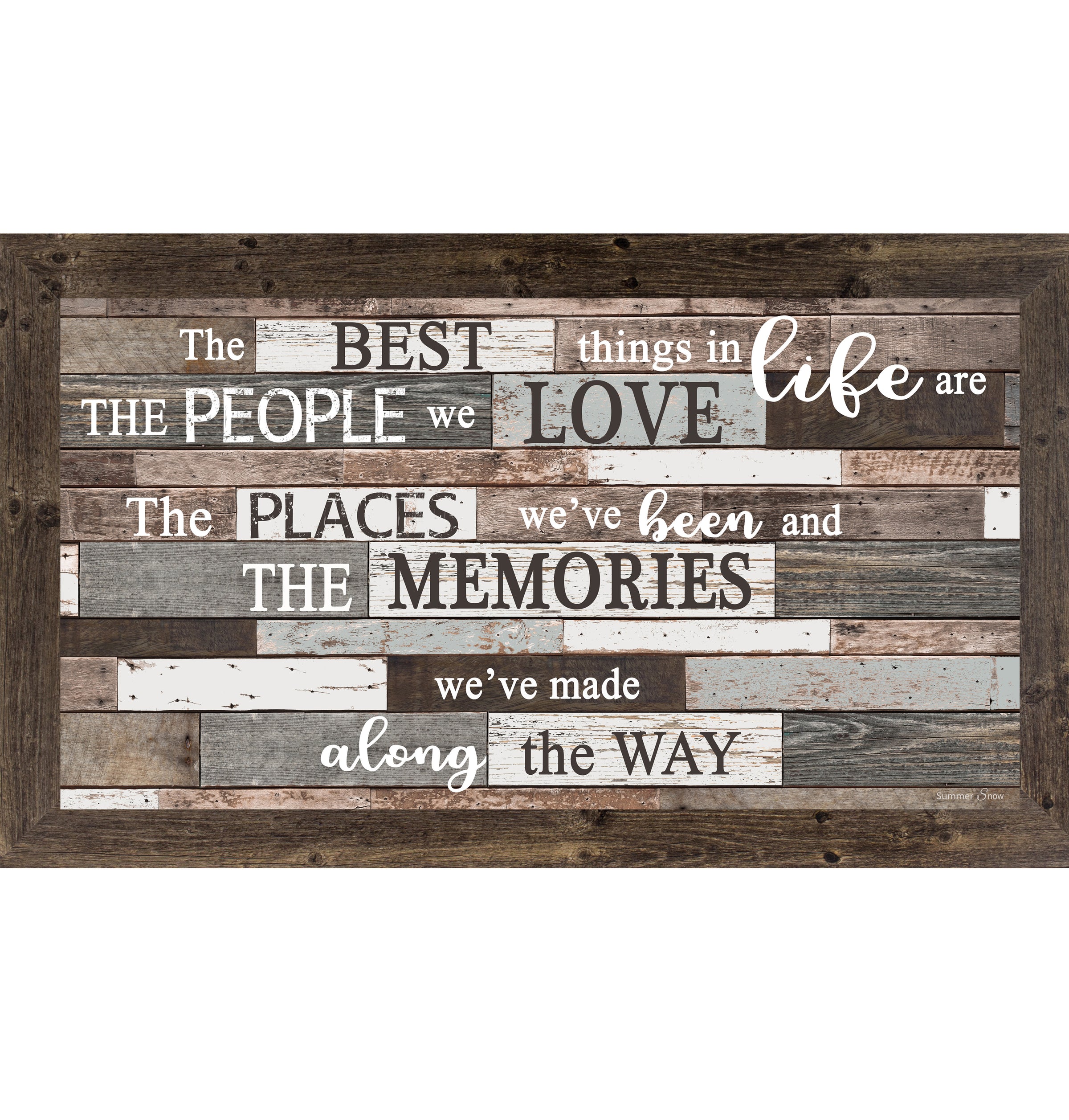 Horizontal framed wall art featuring The Best Things in Life quote on a gray wood background with floral accents, meaningful inspirational home decor