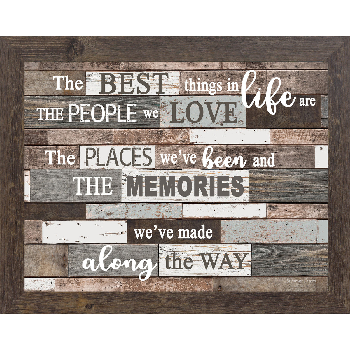 Inspirational framed wall art featuring The Best Things in Life quote on a gray wood background with floral accents, neutral meaningful home decor