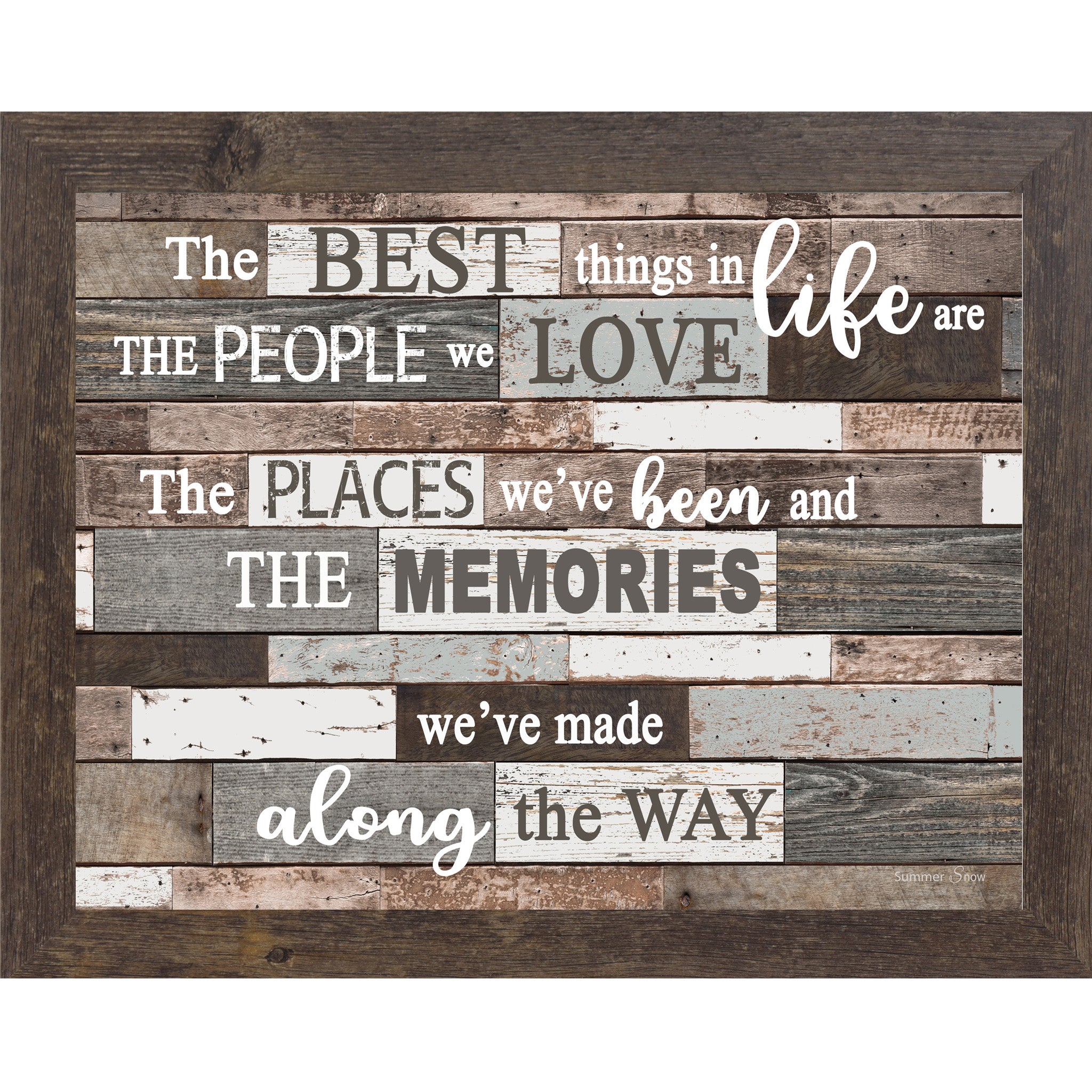 Inspirational framed wall art featuring The Best Things in Life quote on a gray wood background with floral accents, neutral meaningful home decor