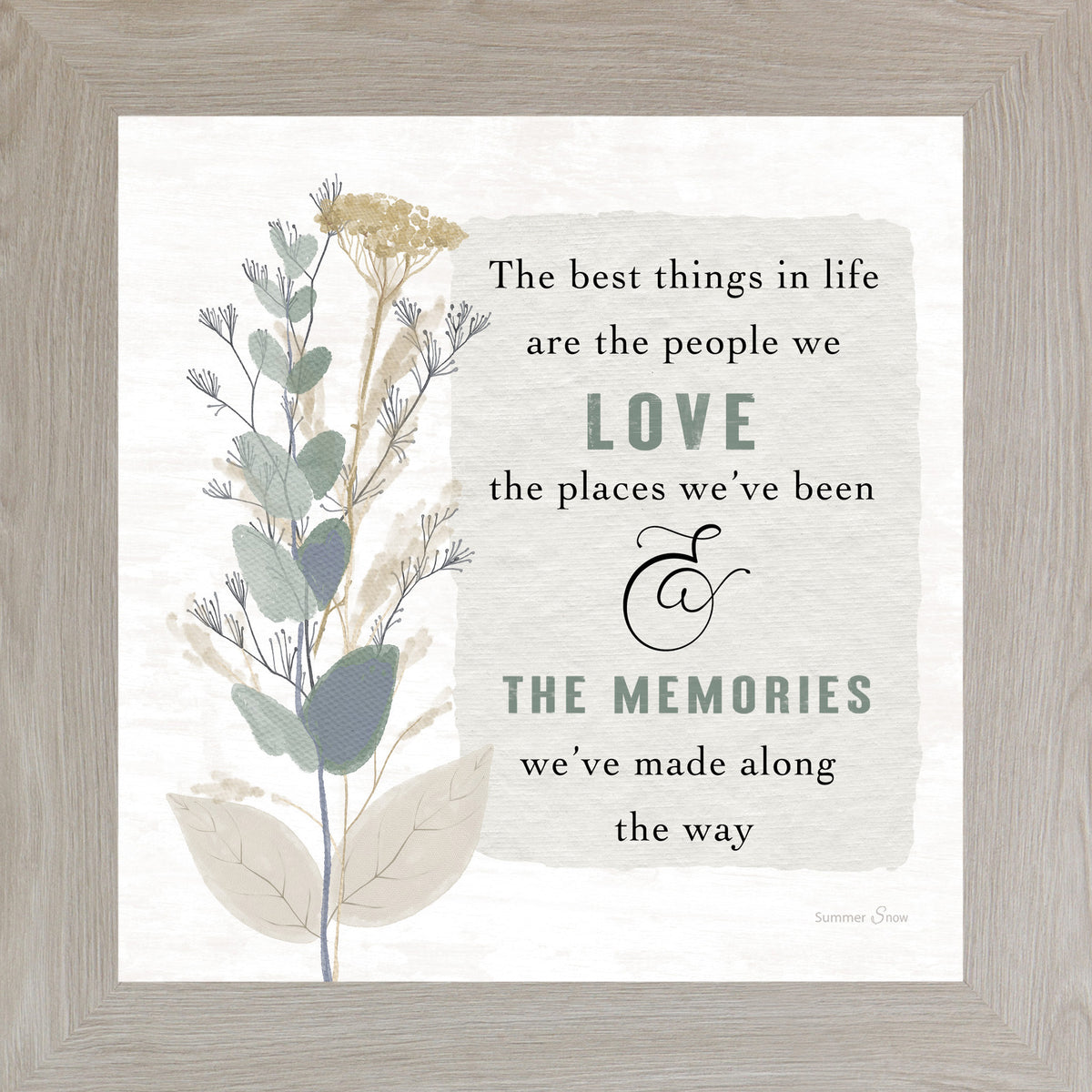 Inspirational framed wall art featuring the quote “The best things in life are the people we love, the places we’ve been, and the memories we’ve made” with teal and green florals on a neutral background