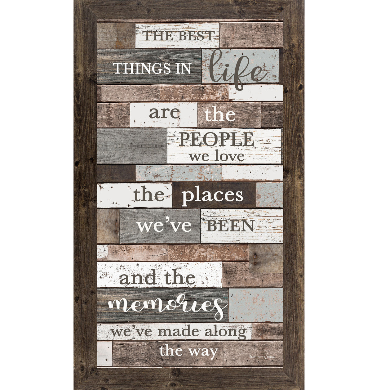 Vertical framed wall art featuring The Best Things in Life quote on a gray wood background with floral accents, meaningful inspirational home decor
