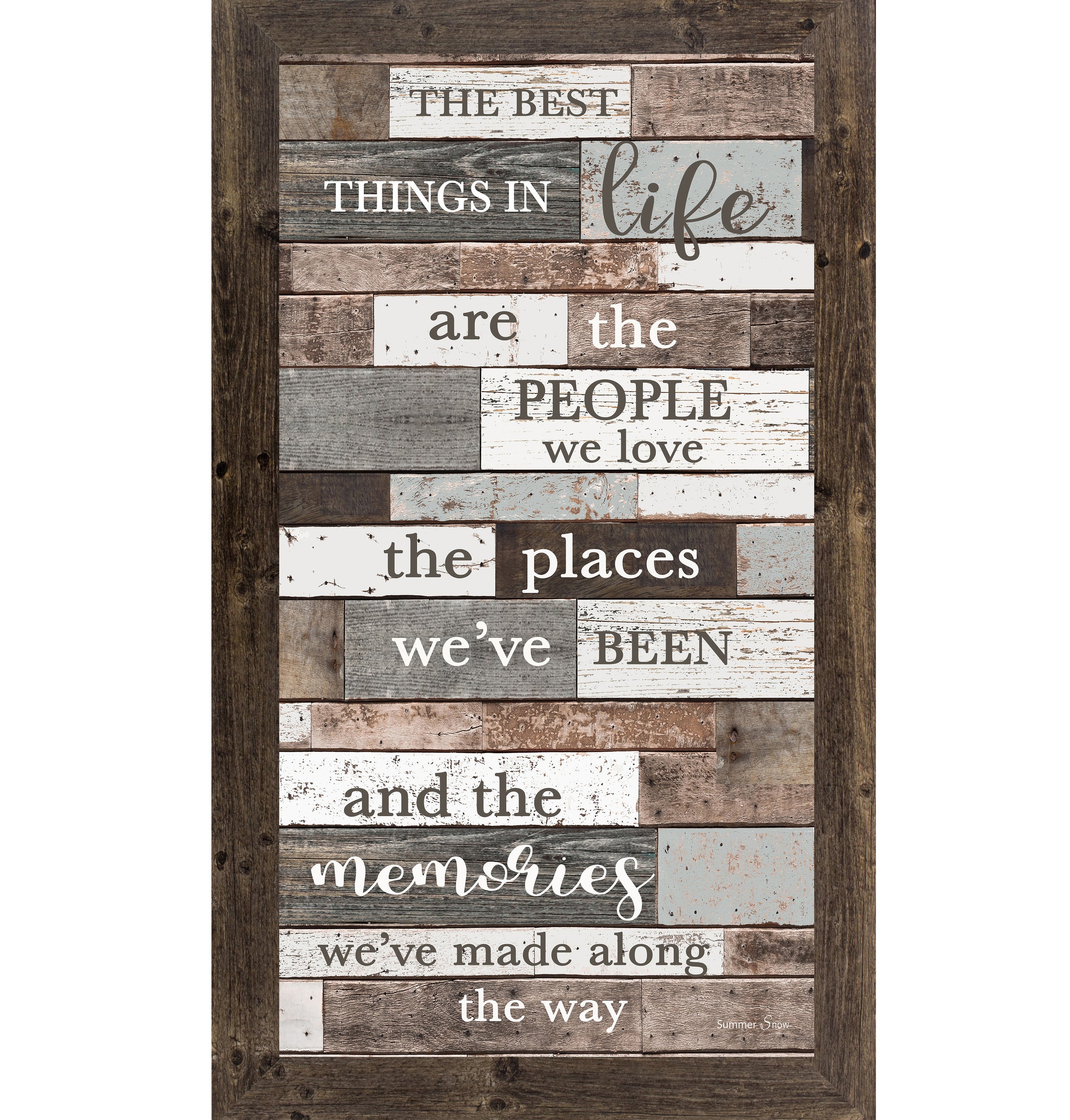 Vertical framed wall art featuring The Best Things in Life quote on a gray wood background with floral accents, meaningful inspirational home decor