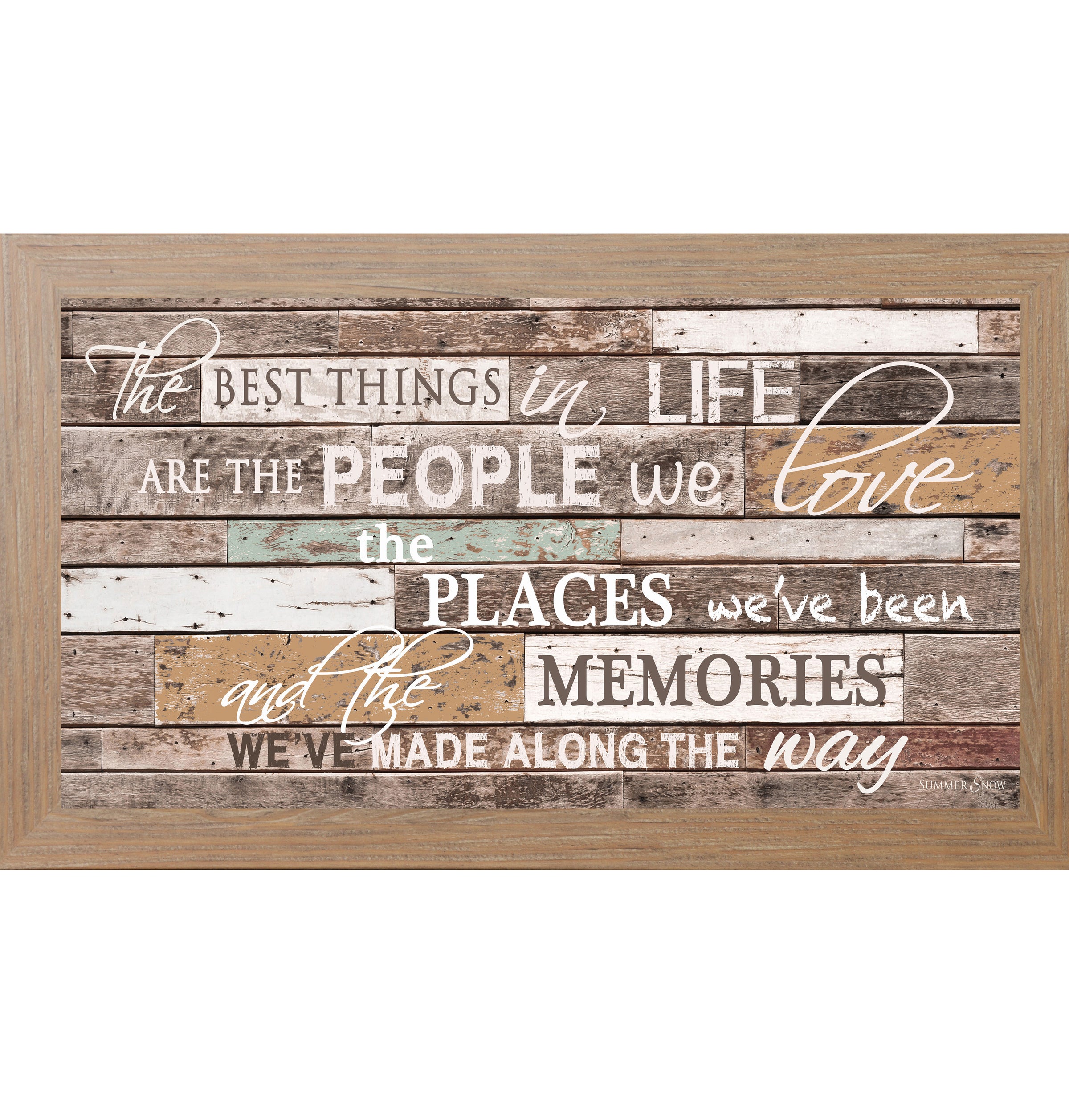 Warm neutral framed wall art featuring the quote “The best things in life are the people we love,” on a slatted wood background with yellow, brown, and soft teal tones