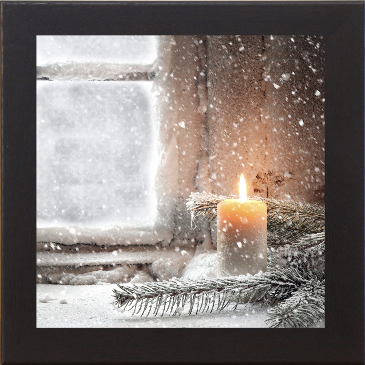 Winter framed wall art featuring a glowing candle beside a pine tree near a window with falling snow, cozy text-free seasonal artwork by Summer Snow