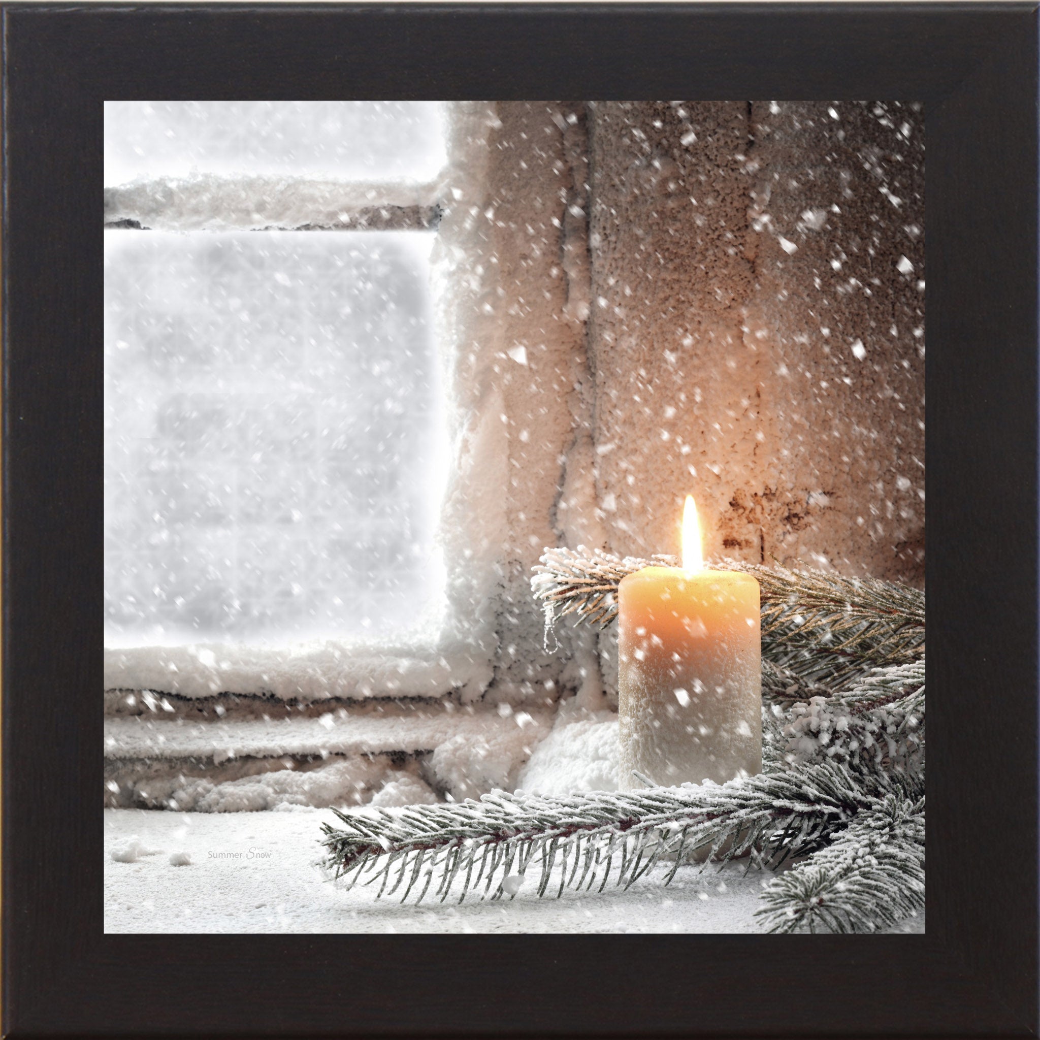 Winter framed wall art featuring a glowing candle beside a pine tree near a window with falling snow, cozy text-free seasonal artwork by Summer Snow
