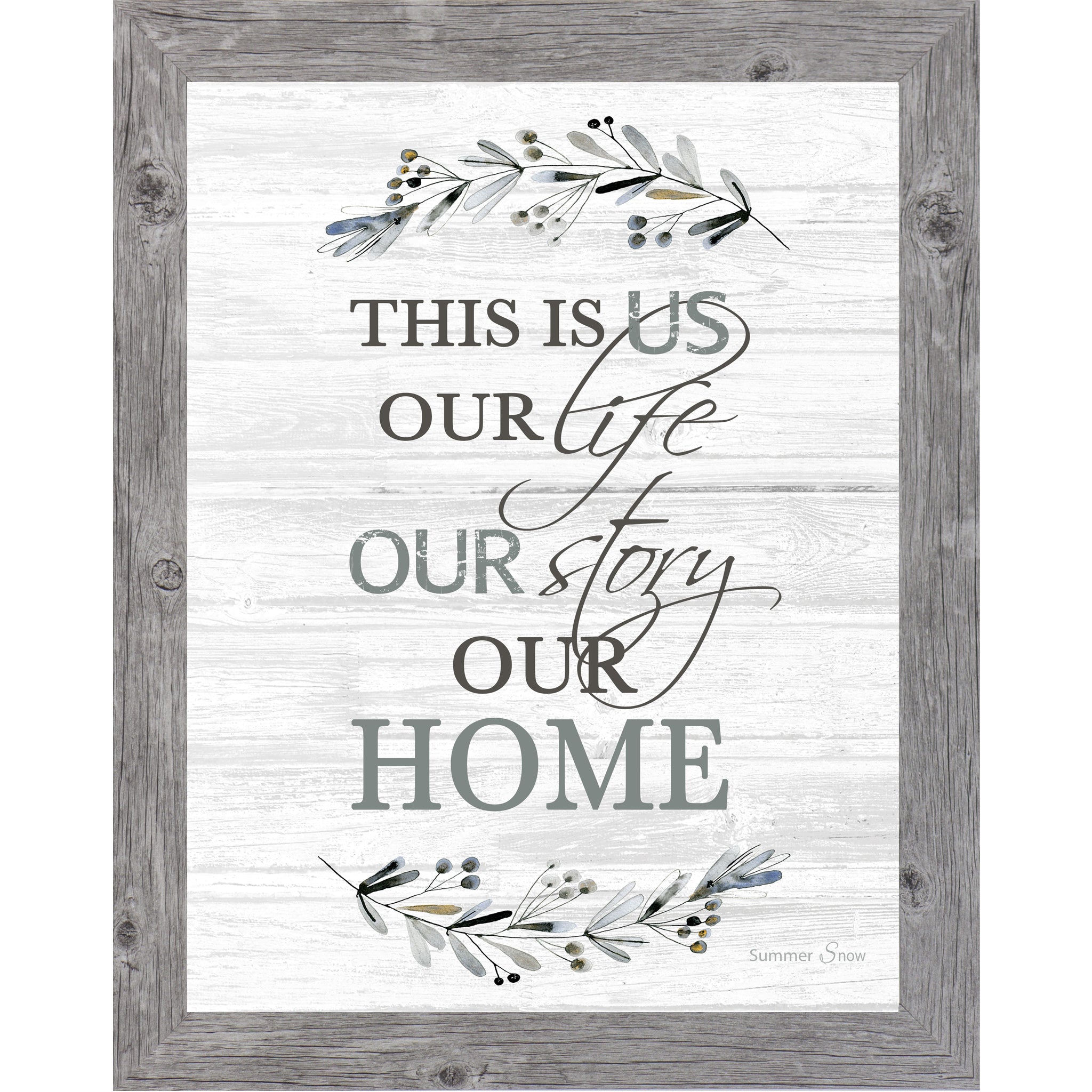 Vertical farmhouse wall art featuring the quote “This Is Us Our Life Our Story Our Home” on a neutral whitewashed wood background with soft blue and gray floral accents