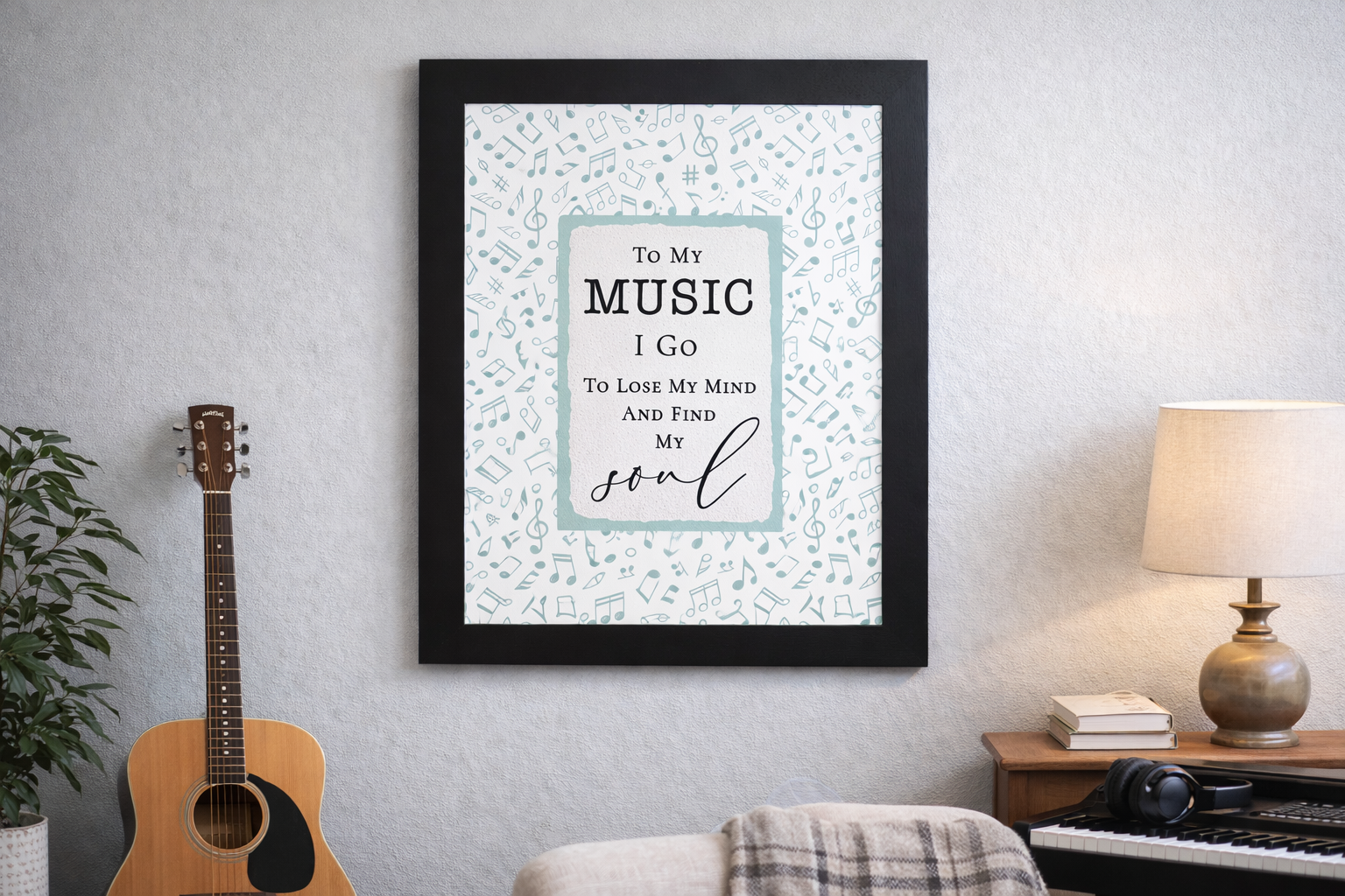 Black color framed music quote wall art framed decor to my music i go to lose my mind and find my soul musical notes background inspirational music room wall decor framed artwork. Hung on a wall