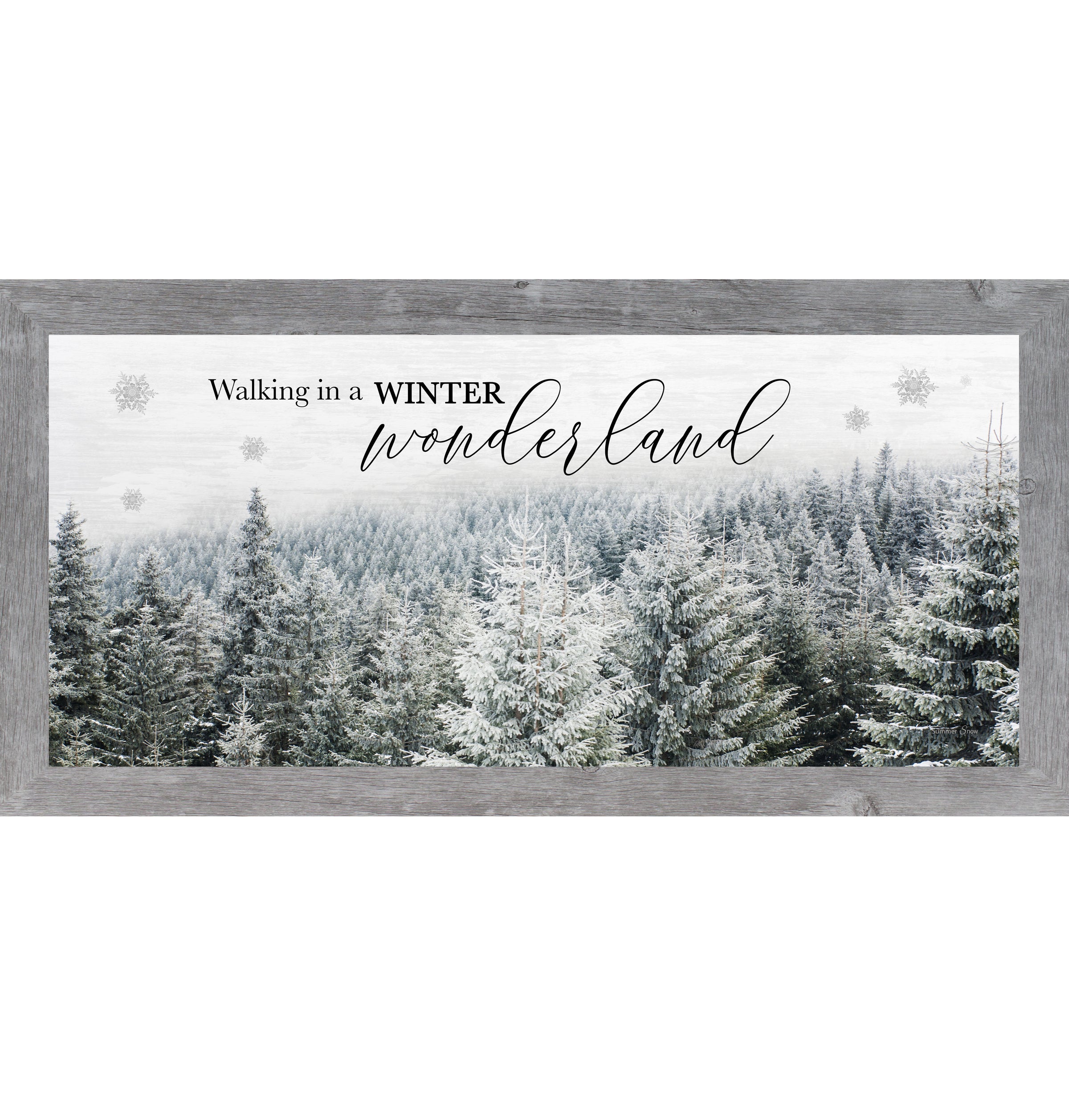 Framed winter wall art featuring a snowy evergreen forest with soft white faded sky and the words Walking in a Winter Wonderland