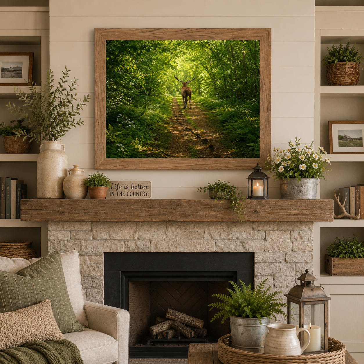 Farmtable framed horizontal summer deer forest path wall art featuring a deer walking into a lush green cathedral forest tunnel displayed as a large 32x26 statement piece above a stone fireplace mantle in a warm country farmhouse living room with Life is Better in the Country sign daisy bouquet antlers and ferns