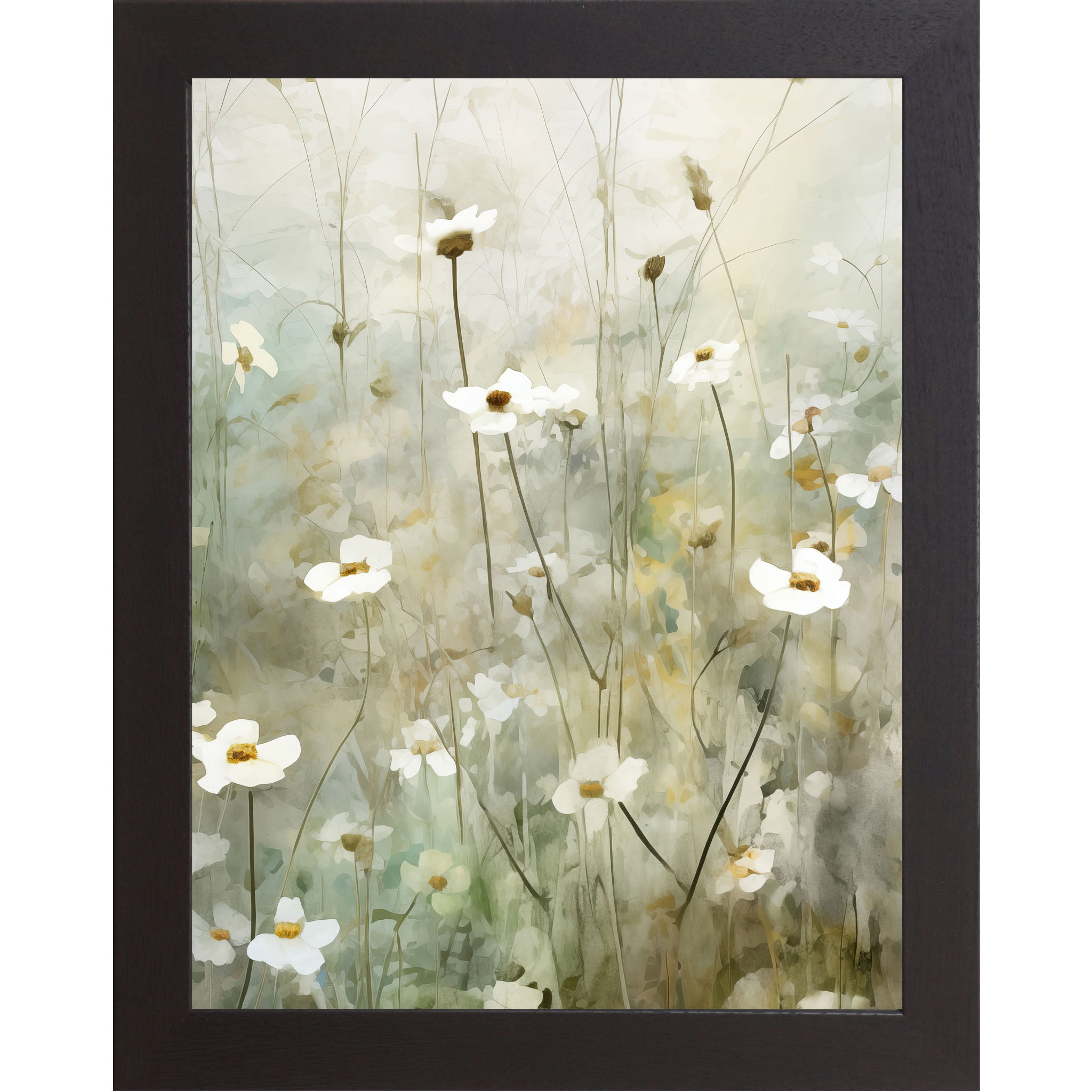 Watercolor spring floral wall art with soft white blooms on tall stems in a dreamy pastel meadow scene