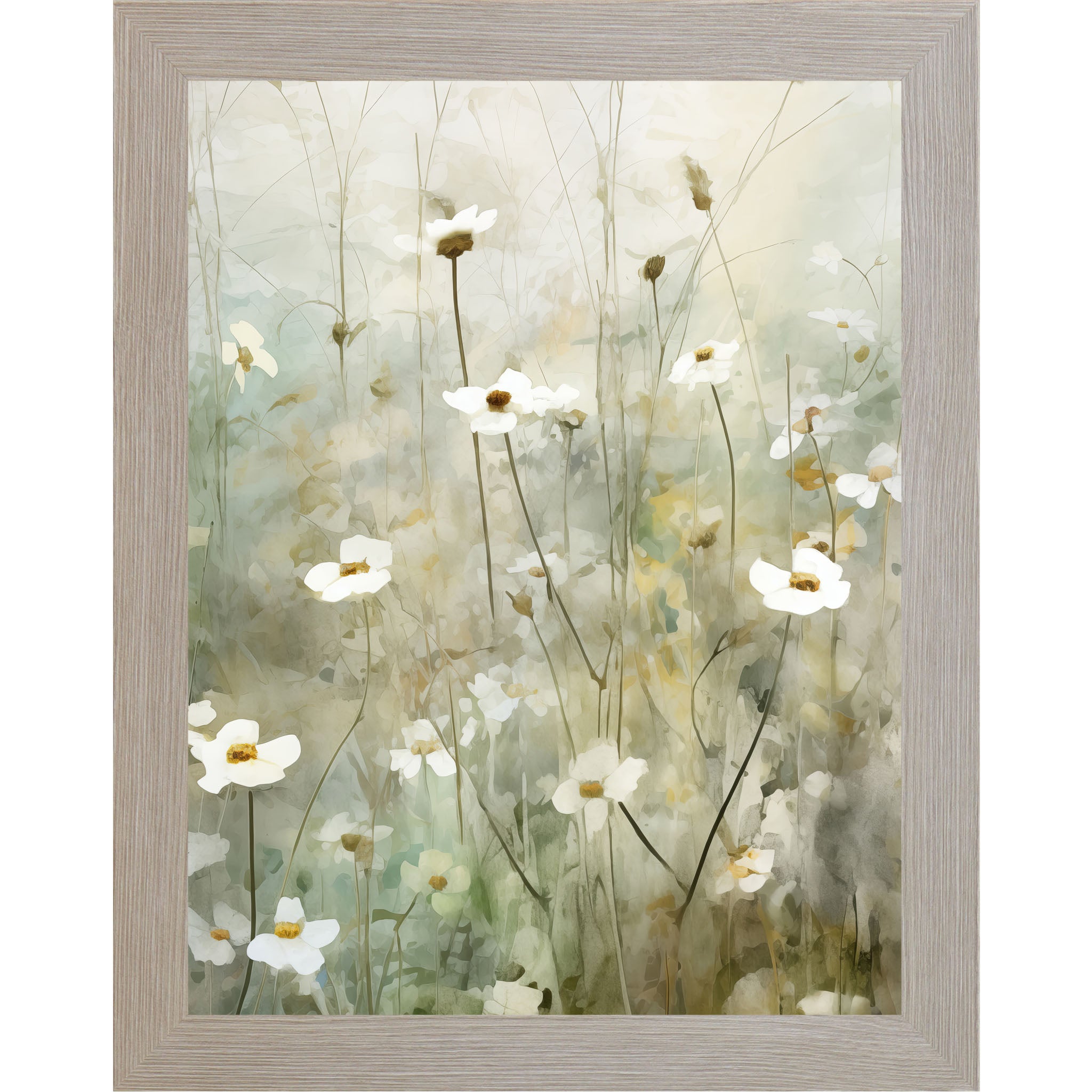 Watercolor spring floral wall art with soft white blooms on tall stems in a dreamy pastel meadow scene