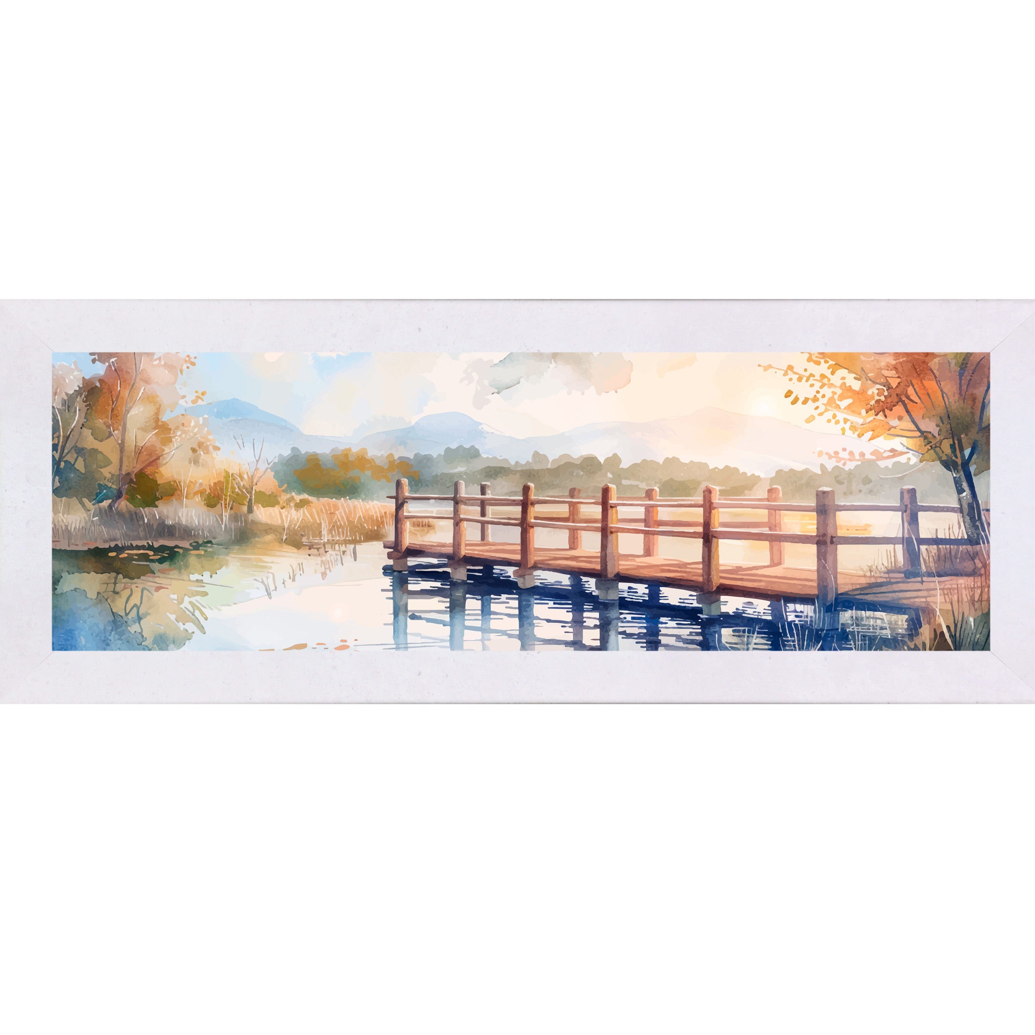 Terracotta White framed wide panoramic scenic wall art featuring a watercolor autumn bridge over still lake water with golden sunburst amber autumn trees and misty mountains