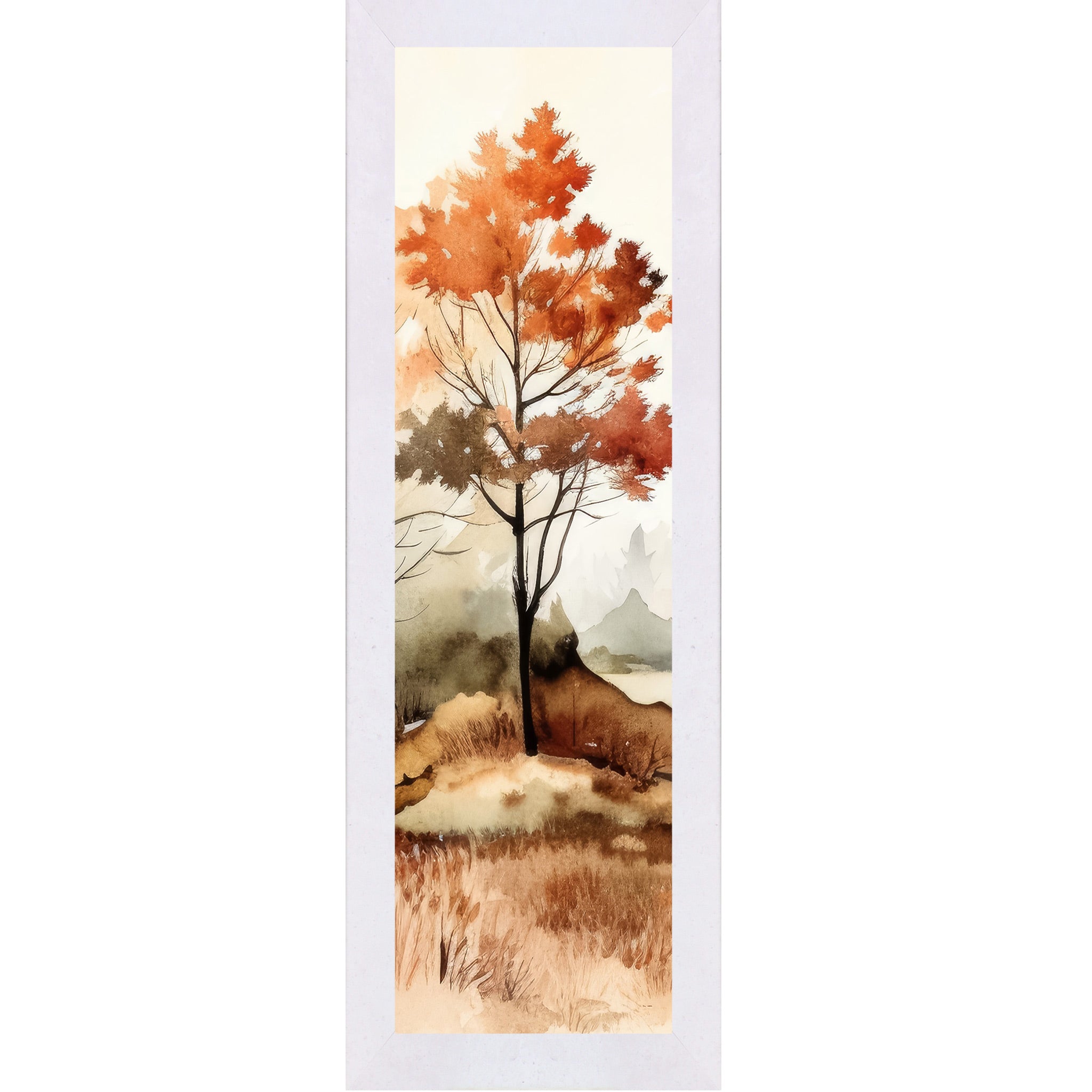 Terracotta White framed narrow portrait fall wall art featuring a single autumn tree in loose watercolor style with burnt orange canopy misty mountains and golden grasses
