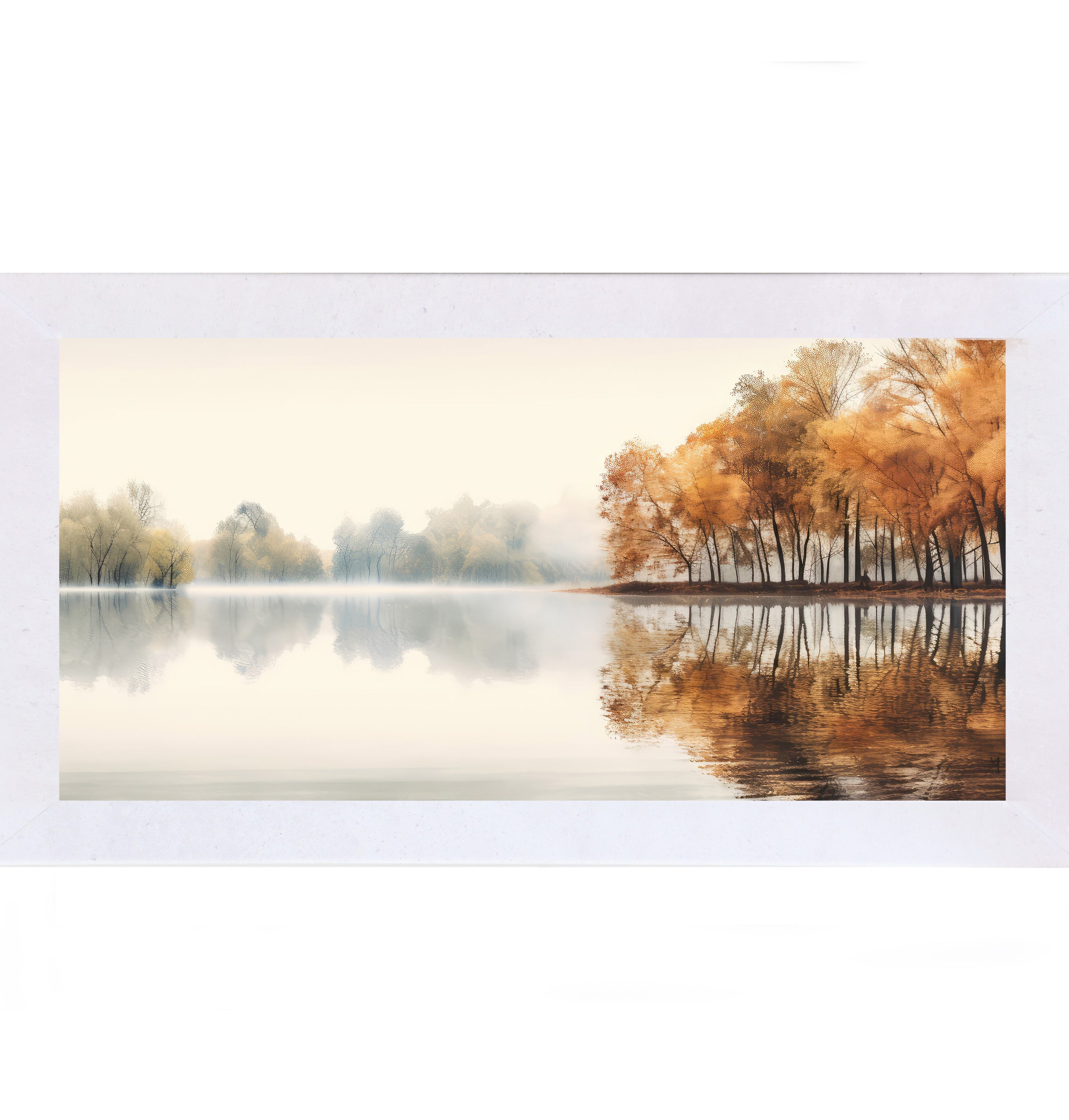 Terracotta White framed wide landscape fall wall art featuring a misty autumn lake with amber and copper trees reflecting perfectly in still glassy water — Autumn's Mirror NS620