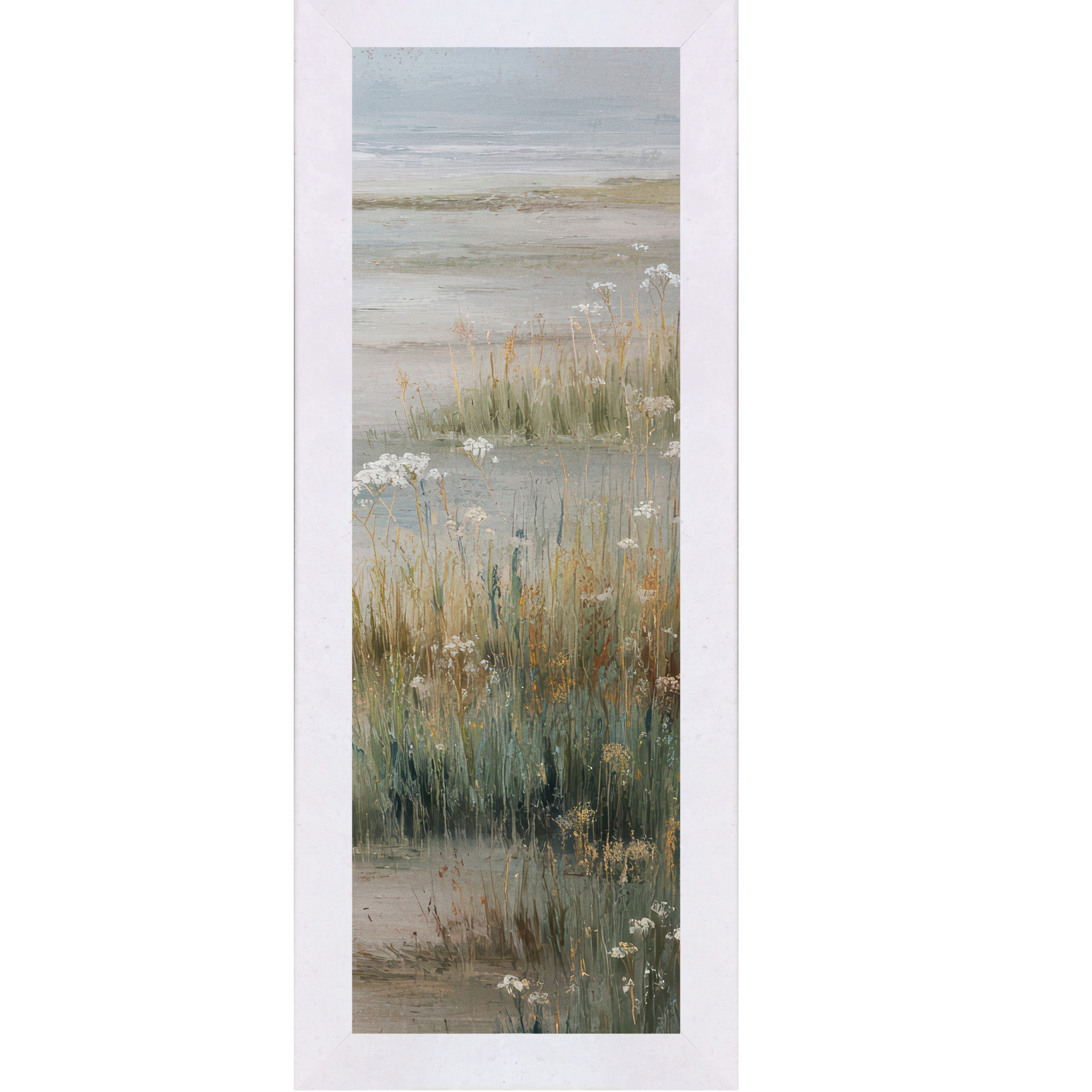Terracotta white framed landscape coastal marsh wall art with deep teal marsh grasses golden wildflowers white Queen Anne's Lace and misty tidal flat — right panel of coastal triptych