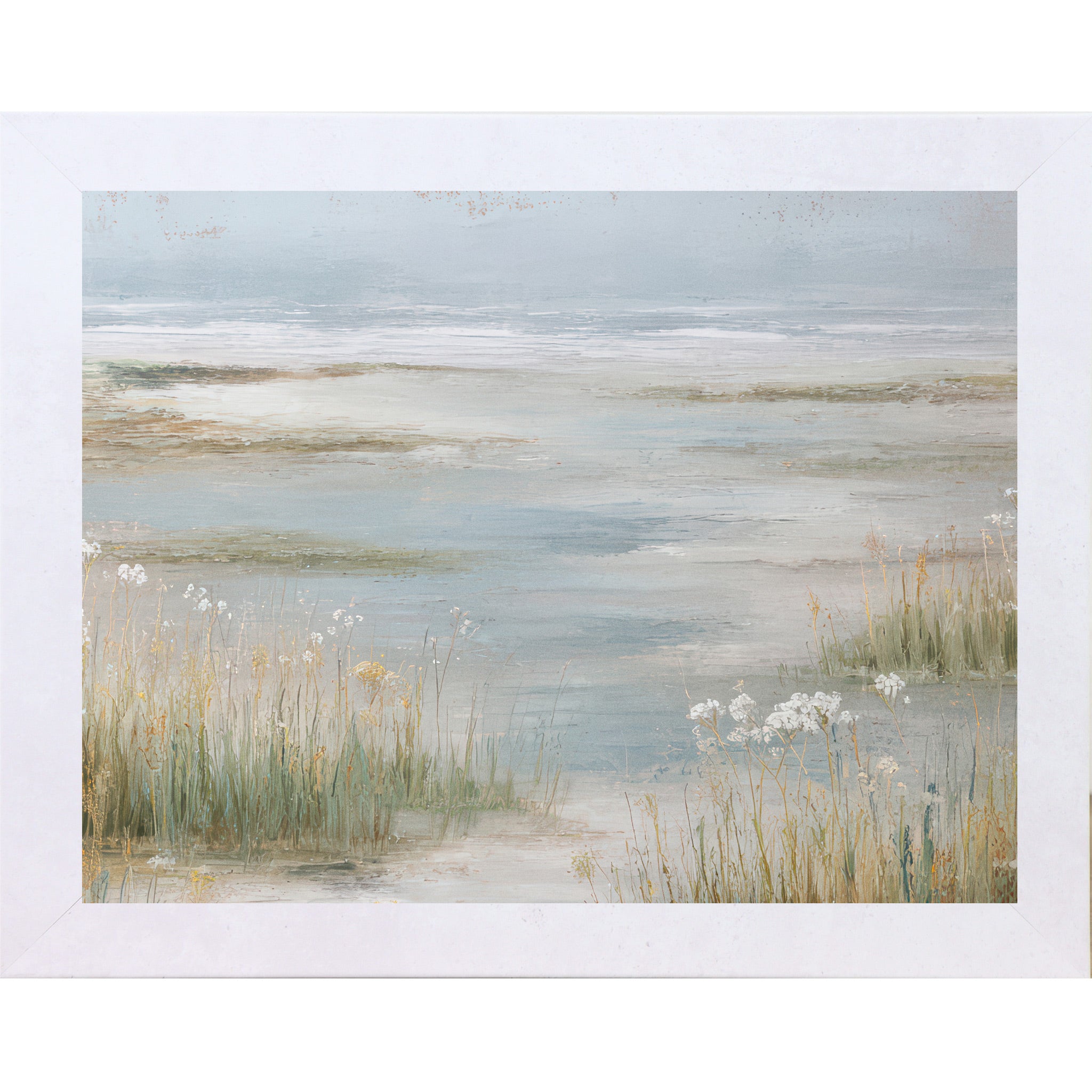 Terracotta White framed landscape coastal marsh wall art with tall tidal grasses Queen Anne's Lace wildflowers and misty steel blue tidal flats — neutral painterly wetland scenic decor
