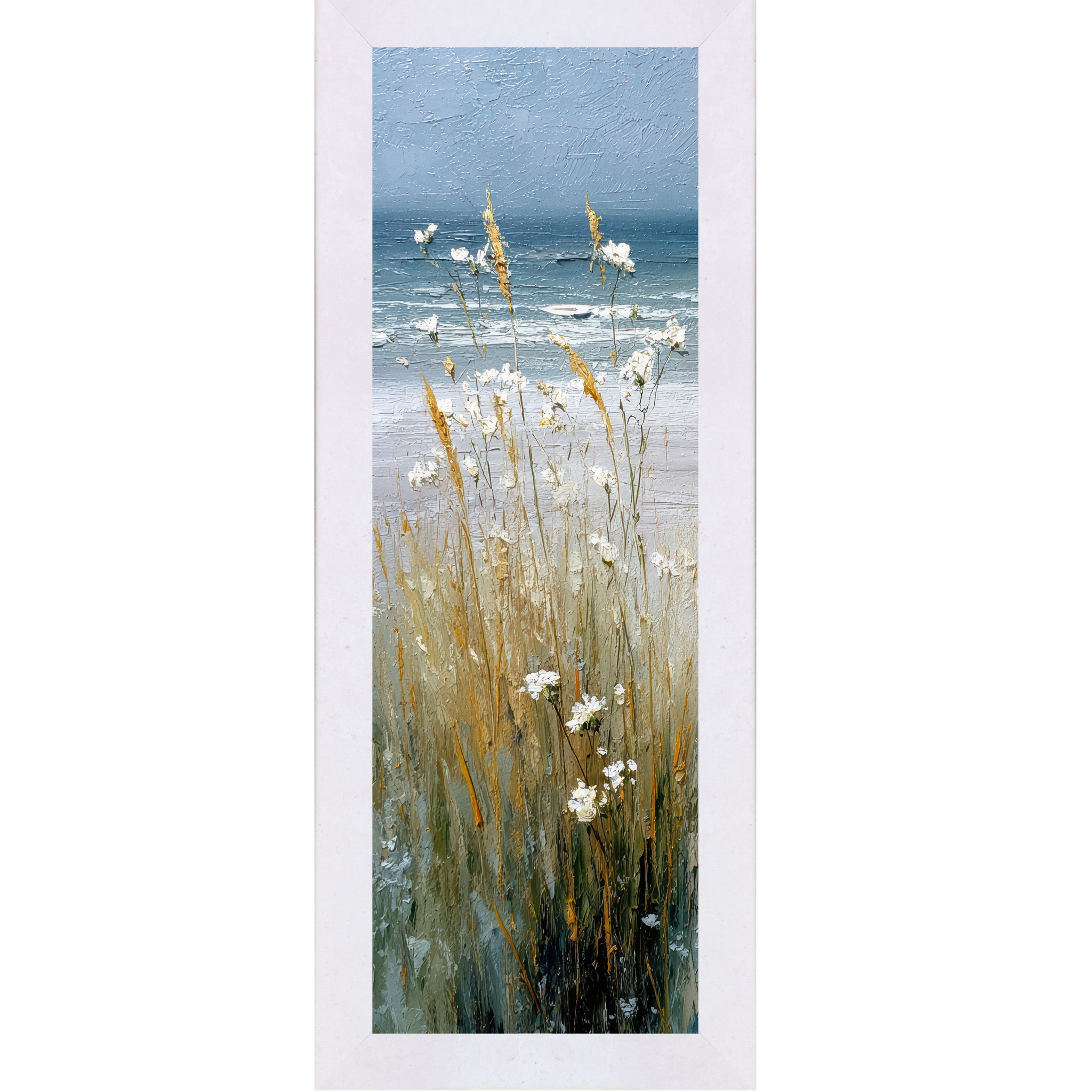 Terracotta White framed narrow portrait coastal path center panel wall art featuring golden cattails and white wildflowers against a stormy teal ocean and heavy blue gray sky with no path visible. Available up to 10x26" In Terracotta White