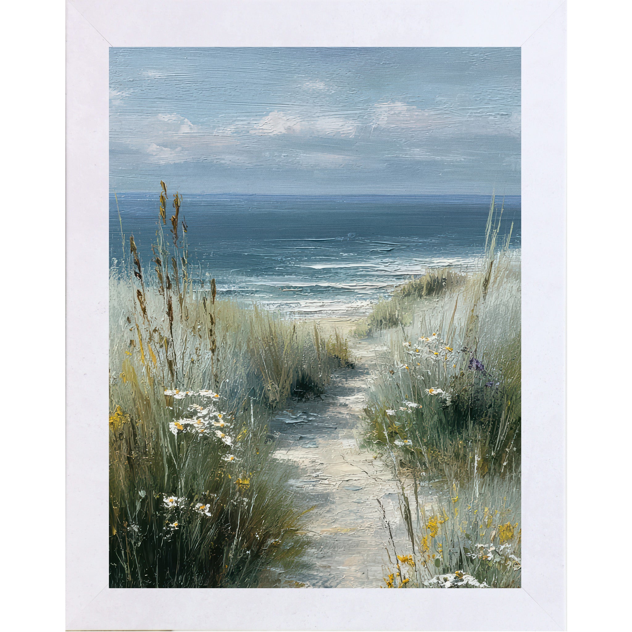 Terracotta white framed portrait coastal path wall art featuring a sandy beach path winding through tall sea grasses white daisies and yellow wildflowers toward deep teal ocean waves under a pale blue sky. Available up to 20x26"