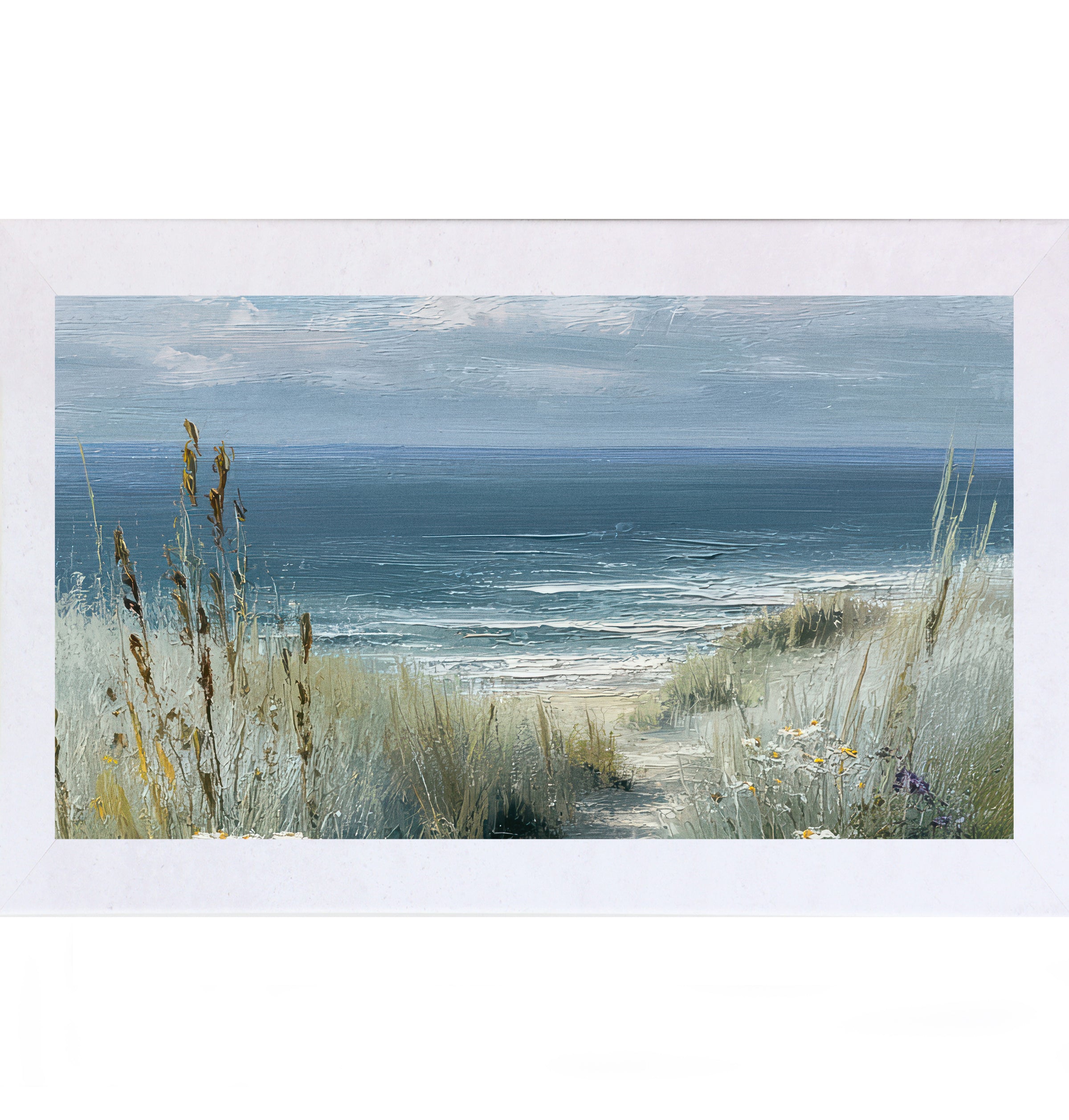 Terracotta White framed wide landscape coastal path wall art featuring golden cattails and sea grasses with white and yellow wildflowers framing a sandy beach path leading to deep teal ocean under a soft blue gray sky. Available up to 26x14" In Terracotta White