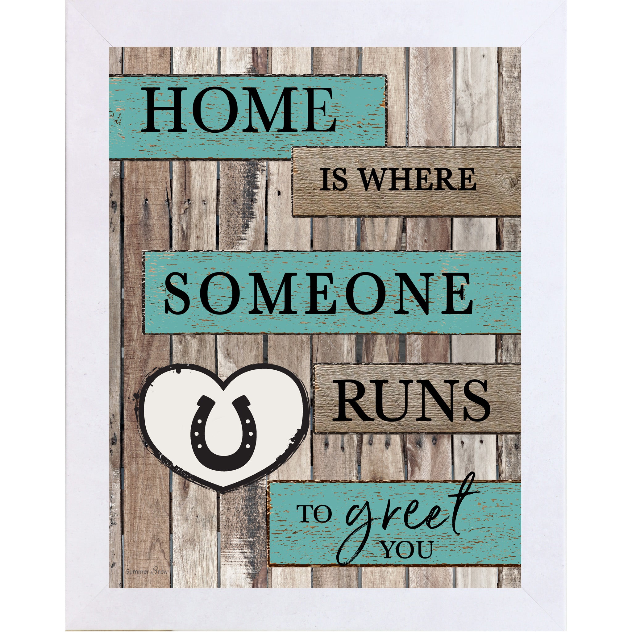 Terracotta white framed portrait rustic pallet wood horse wall art with turquoise and wood plank banners reading Home Is Where Someone Runs to Greet You with a white horseshoe heart icon