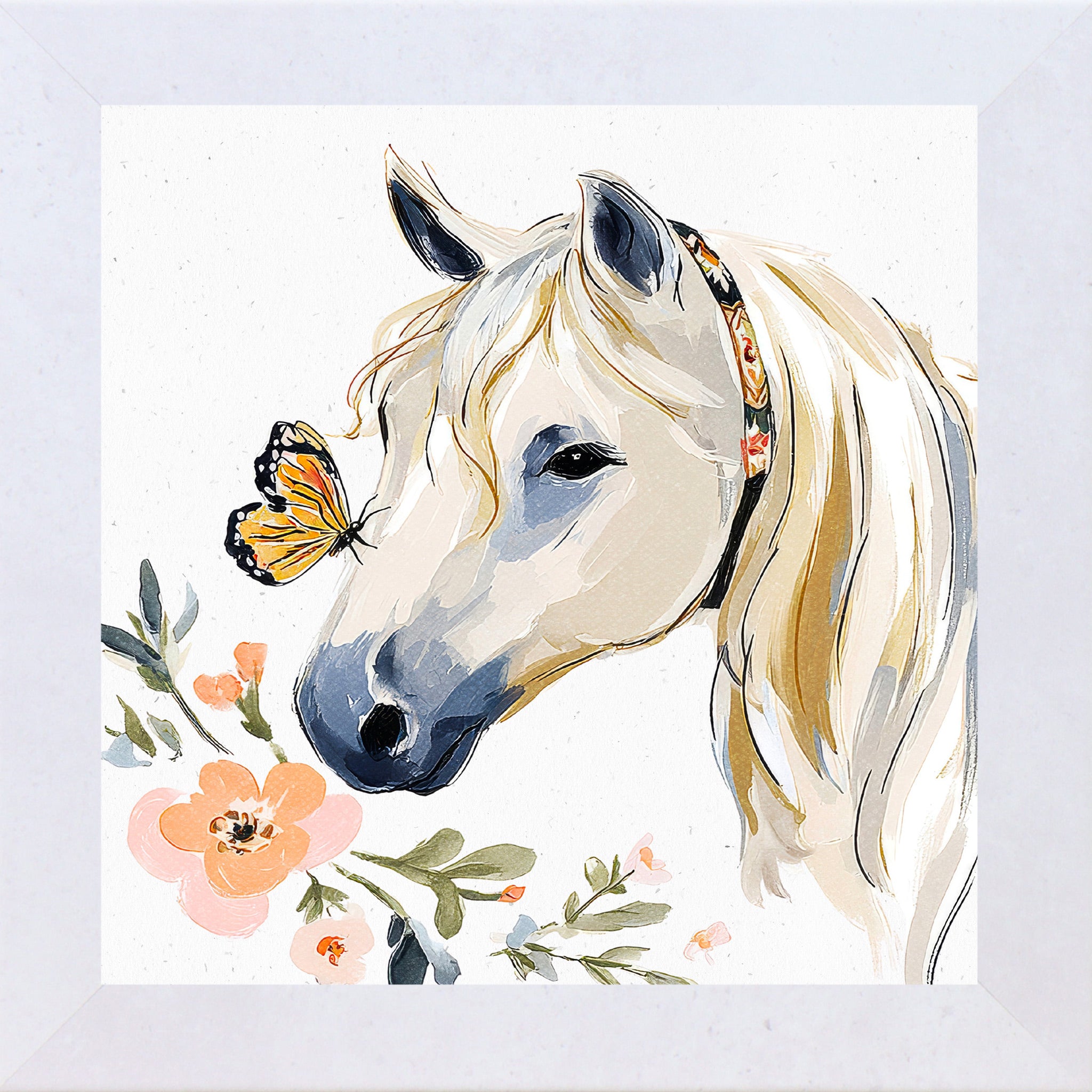 Terracotta white framed square watercolor horse wall art featuring a white horse with a monarch butterfly on its nose surrounded by peach florals and a boho floral headstall on a white background