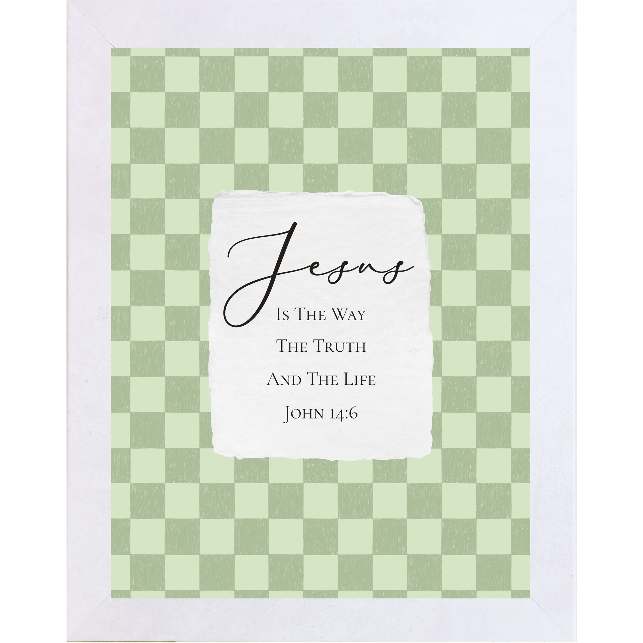 Terracotta White framed portrait Christian wall art with sage green checkered background and torn-edge white center panel with Jesus Is The Way The Truth And The Life John 14:6 in elegant script