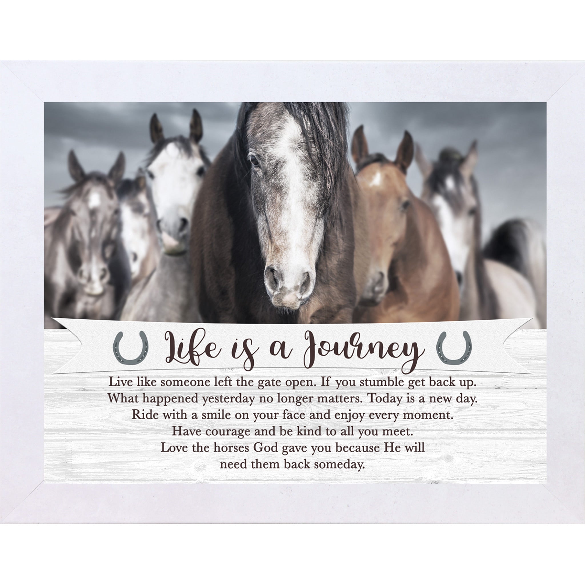 Terracotta White framed horizontal equestrian wall art featuring a herd of horses under a dramatic stormy sky with a pallet wood banner reading Life is a Journey inspirational quote