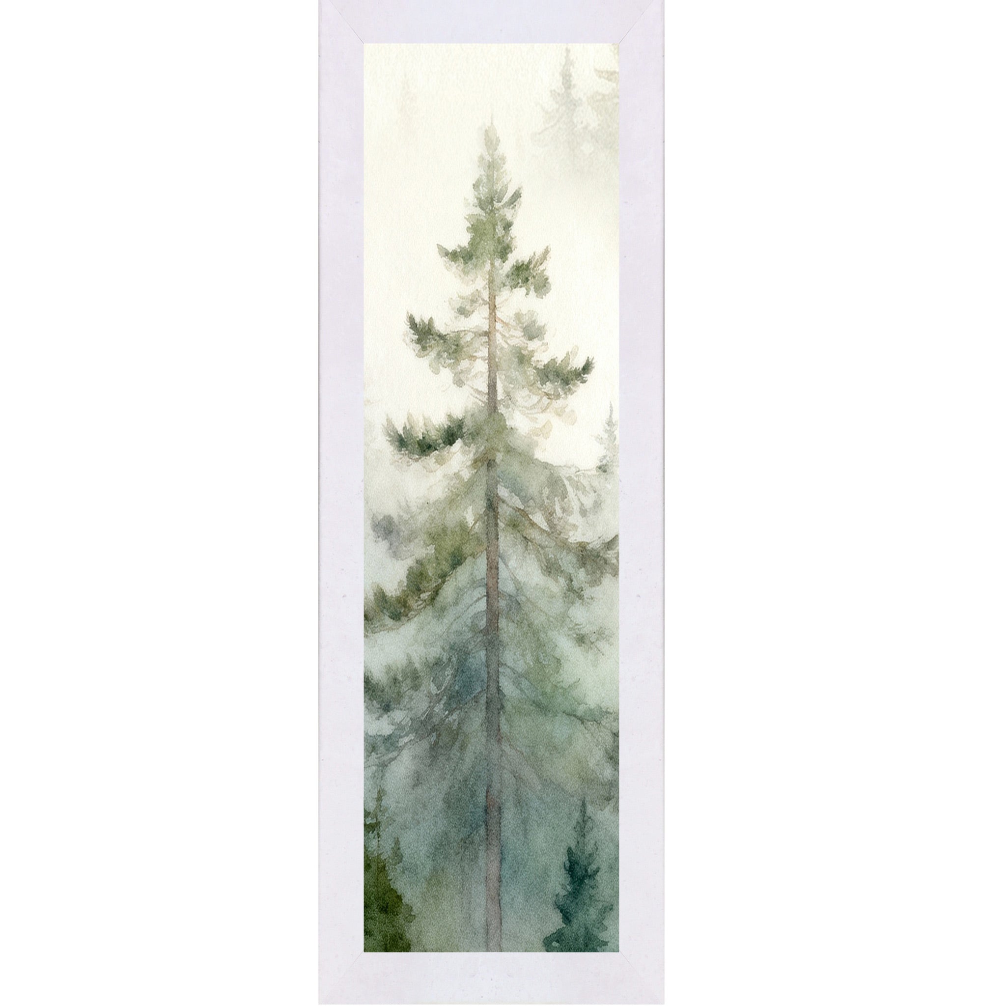 Terracotta White framed narrow portrait watercolor pine forest wall art with single tall evergreen rising through soft morning mist against a sage green and cream misty forest background