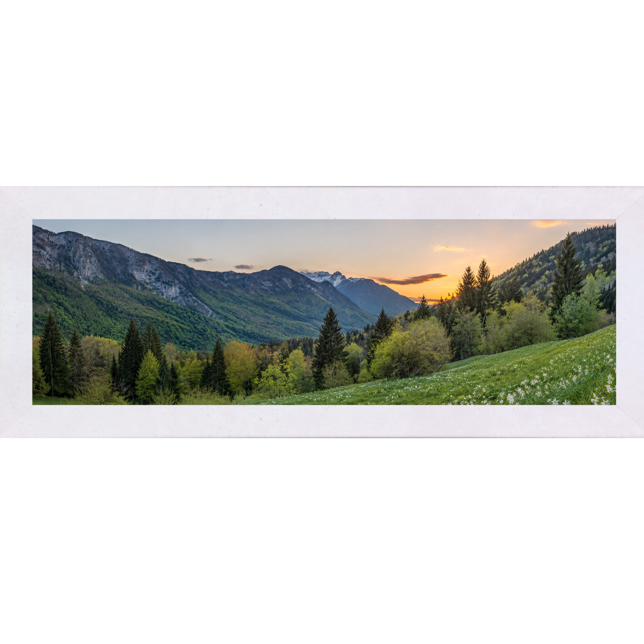 Terracotta White framed wide panoramic nature wall art featuring a mountain valley at sunset with snow-capped peaks evergreen forest and white wildflower meadow in the foreground