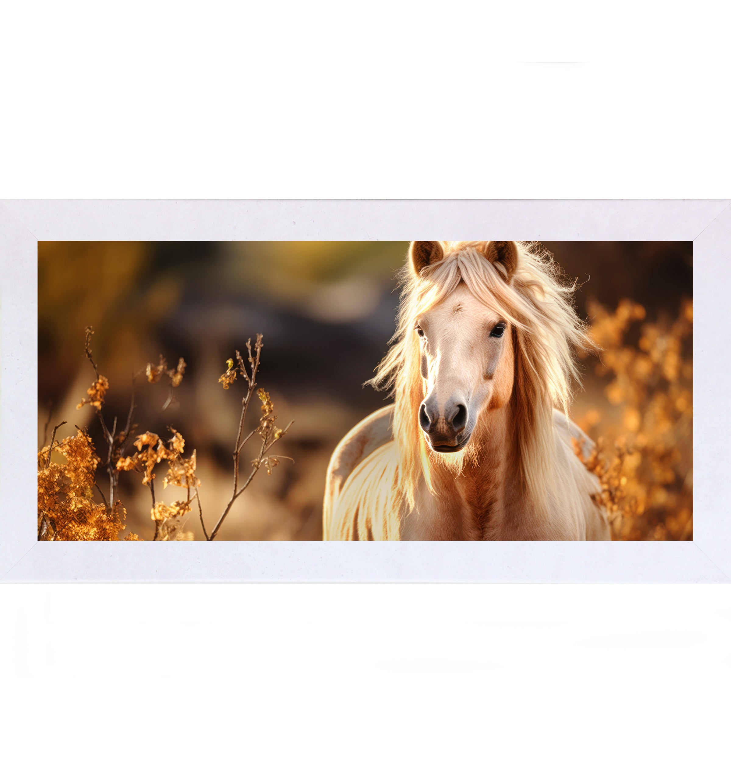 Terracotta white framed wide landscape palomino horse wall art featuring a glowing golden palomino with flowing mane surrounded by warm amber autumn foliage against a dark bokeh background