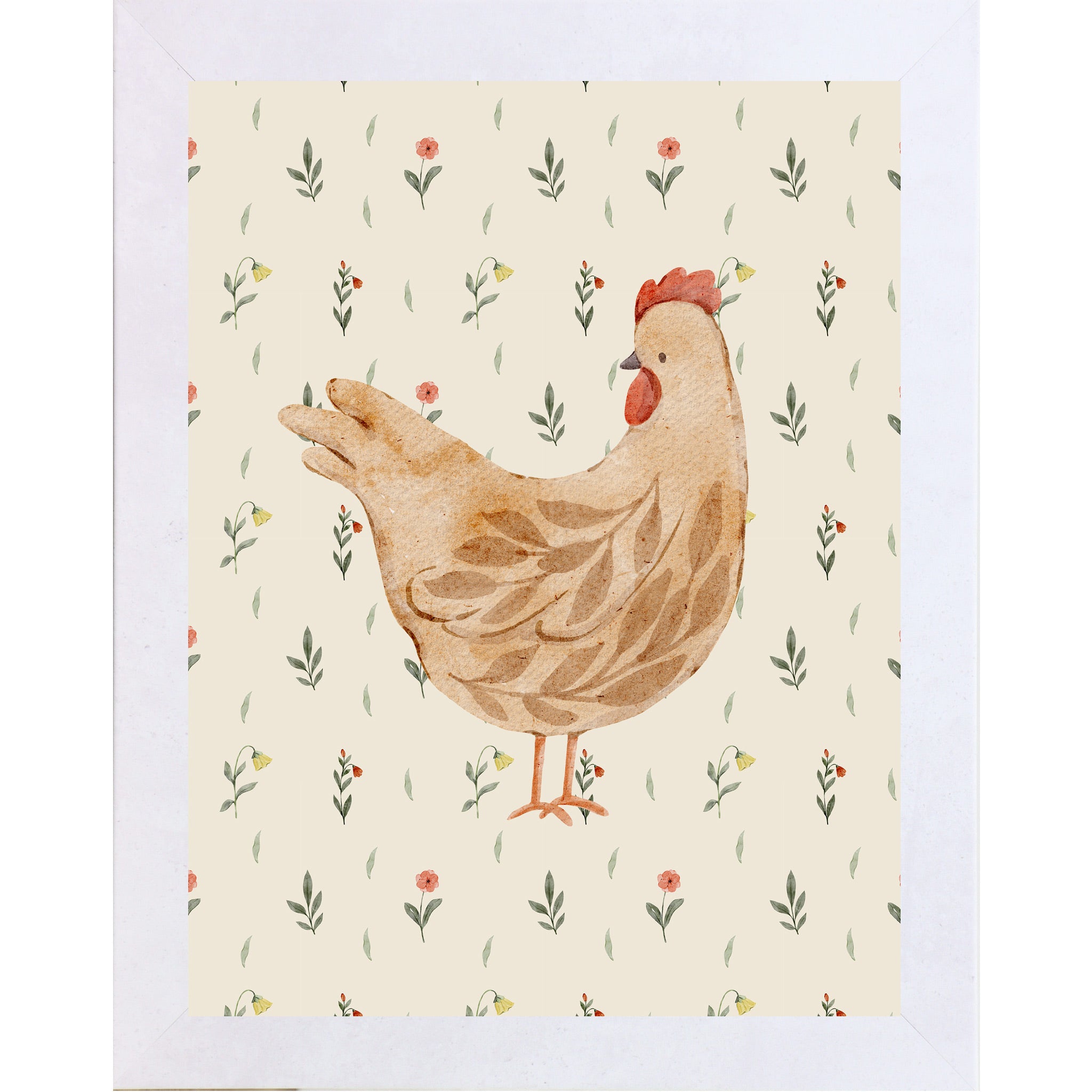 Terracotta White framed vertical farmhouse wall art featuring a soft cream watercolor hen left-facing with botanical leaf body pattern on a cream background with tiny red wildflowers and green leaves